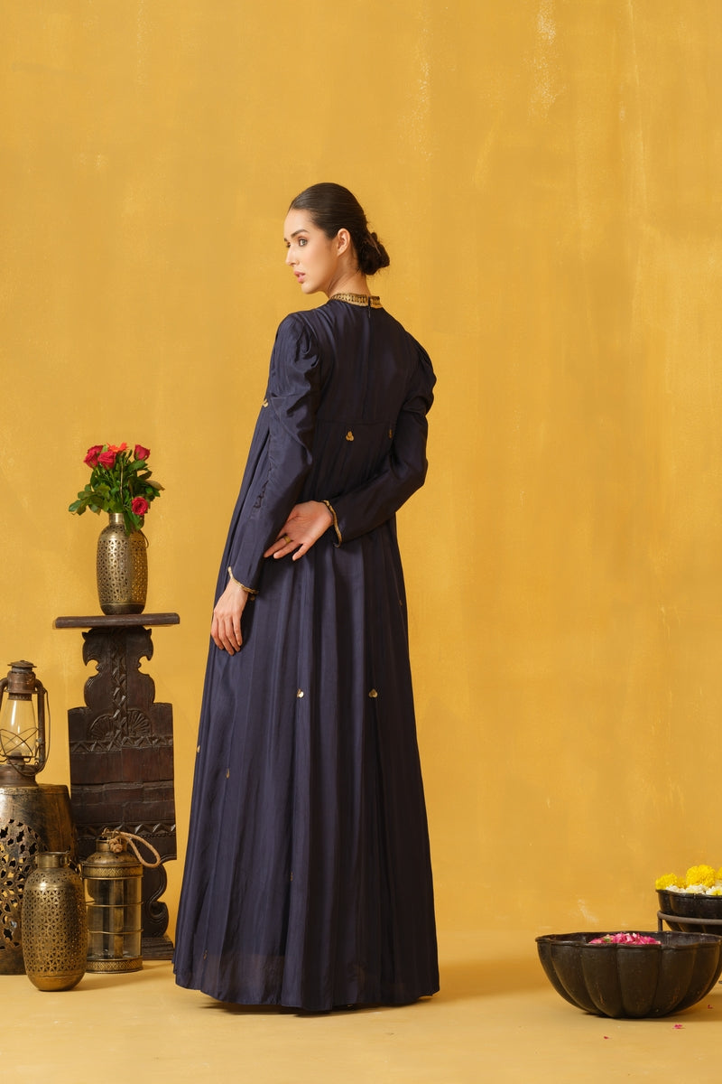Close Neck Full Length Dress With Leg Of Mutton Sleeves