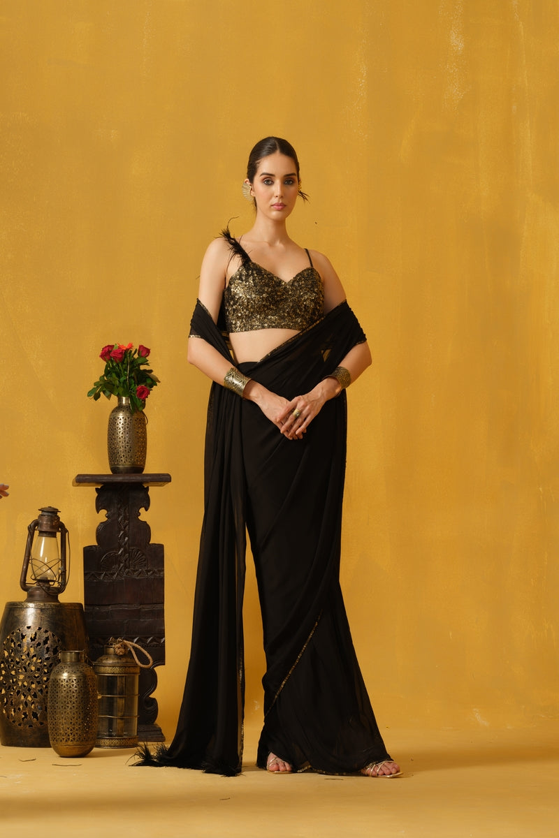 Pre-Stitched Saree With A Sequins Border