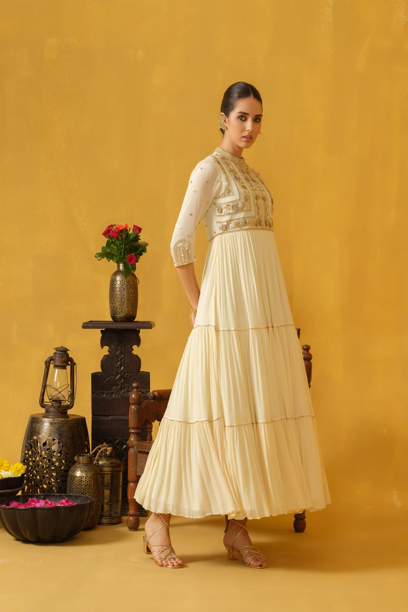 Mandarin Collar, 3/4 Sleeve, Full Length Tiered Dress