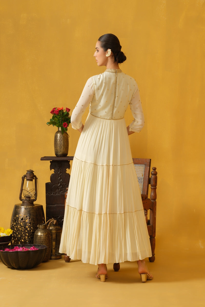 Mandarin Collar, 3/4 Sleeve, Full Length Tiered Dress