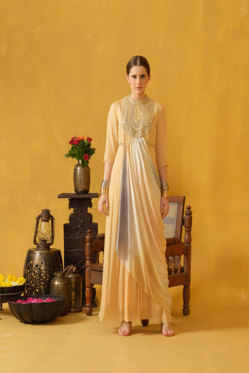 Full-length, Mandarin Collar, 3/4 Sleeve Dress