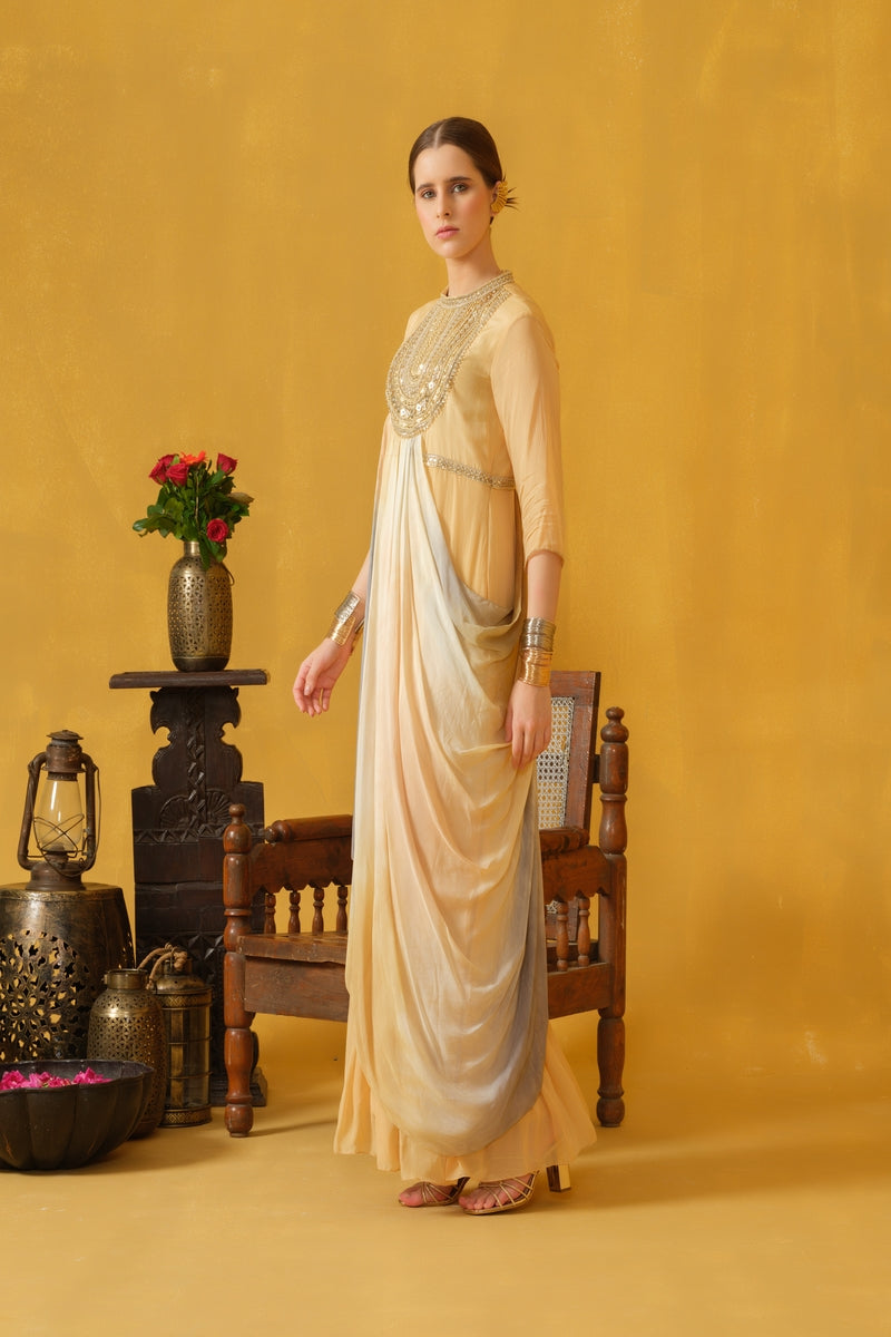 Full-length, Mandarin Collar, 3/4 Sleeve Dress