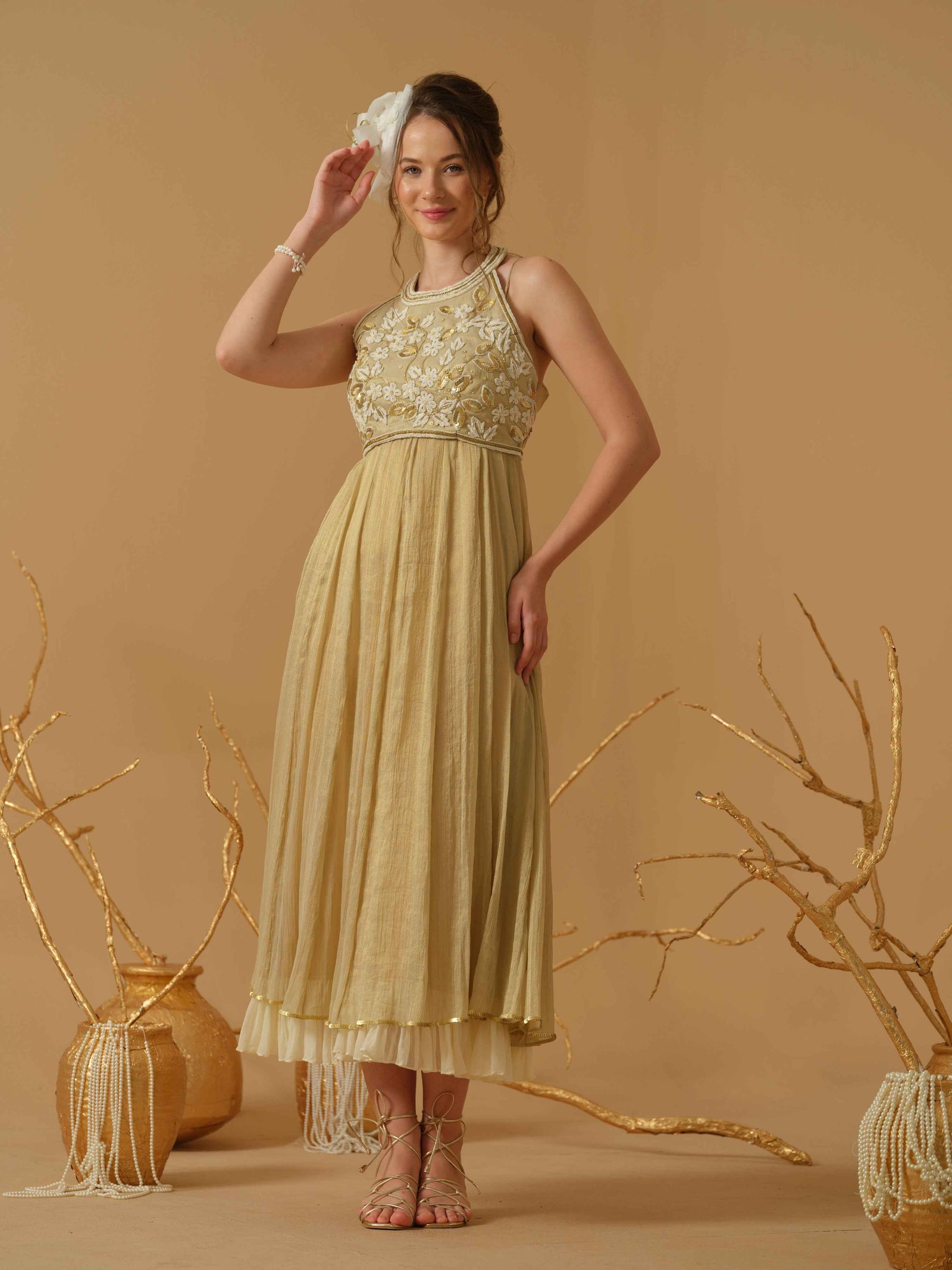 Halter Neck Top With Calf Length Flare Dress