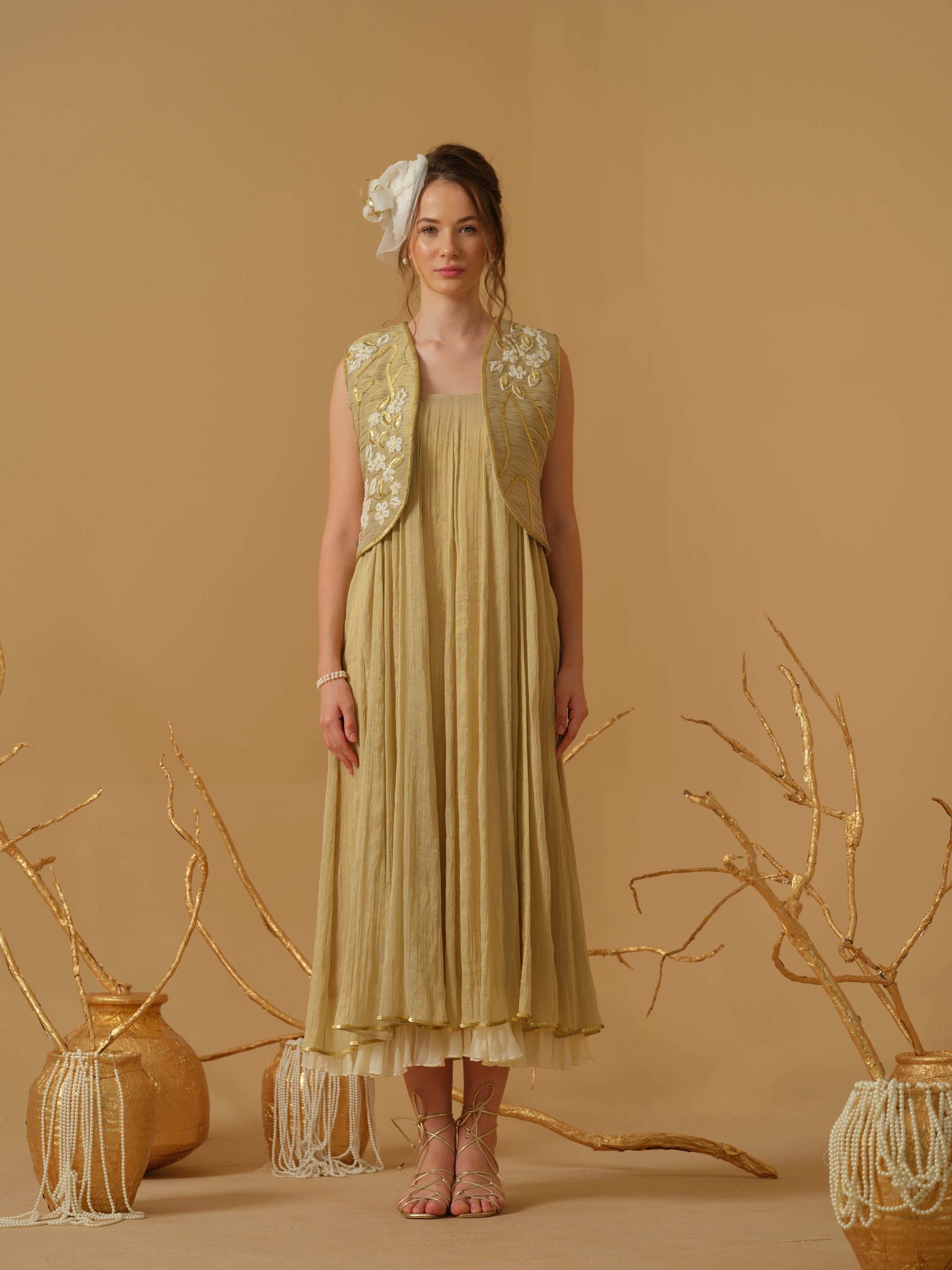 A Noodle Strap, Calf Length Flared Dress
