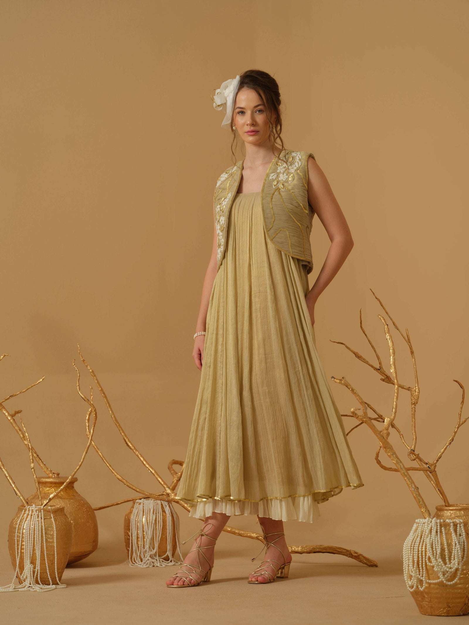 A Noodle Strap, Calf Length Flared Dress