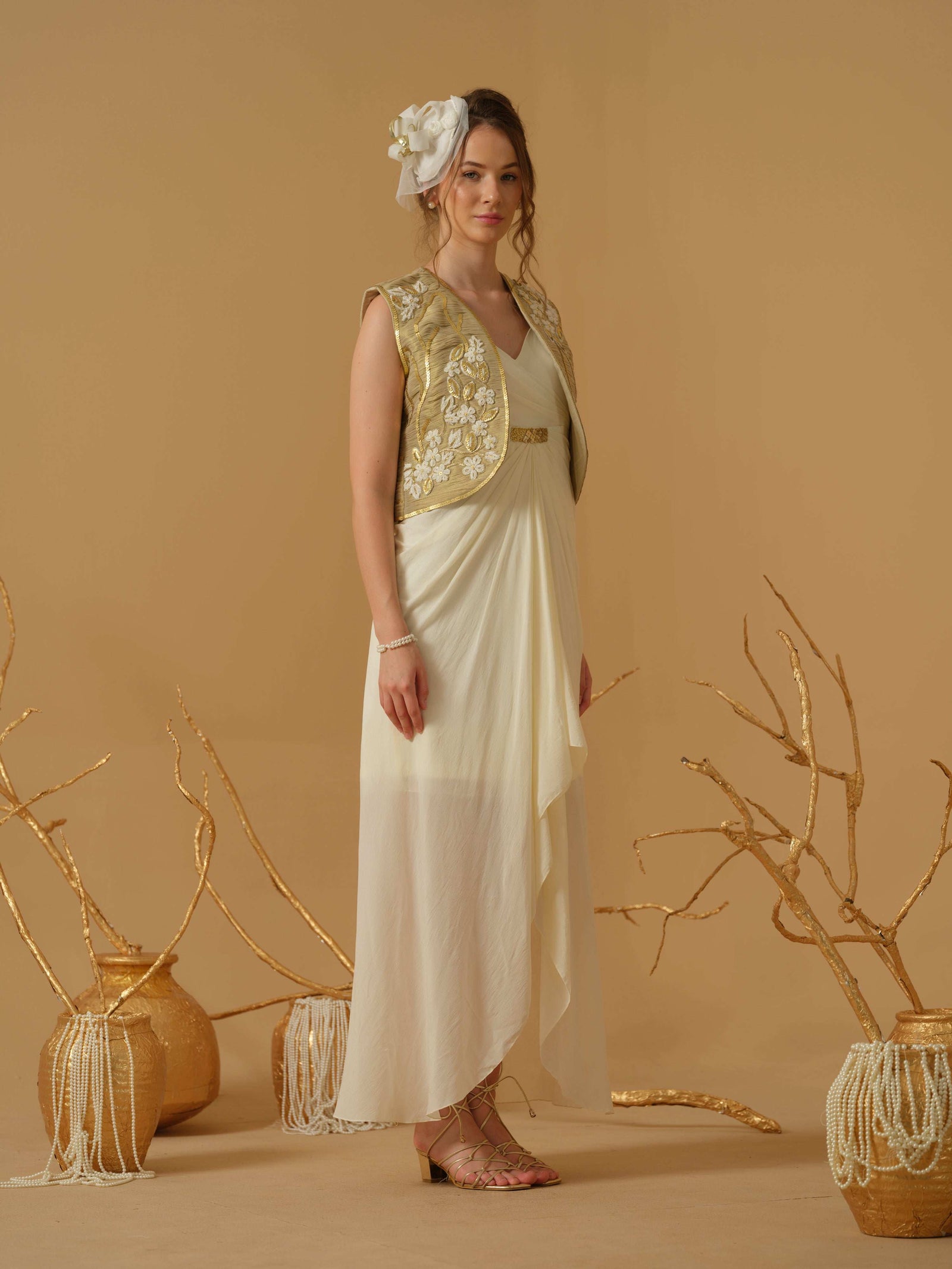 A Noodle Strap ,V Neck Draped Dress