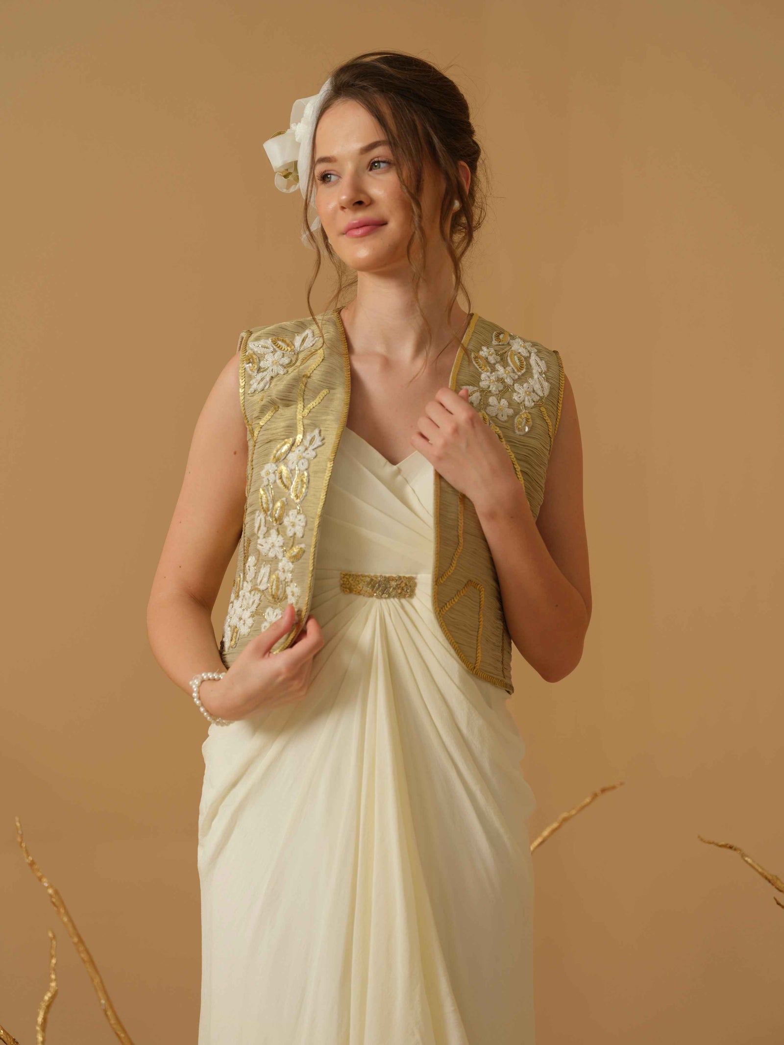 Draped Dress With Open Rushed Jacket