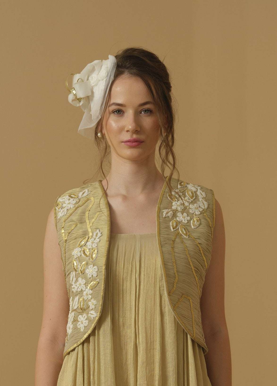 Ruched Open Jacket Having Floral Placement Embroidery