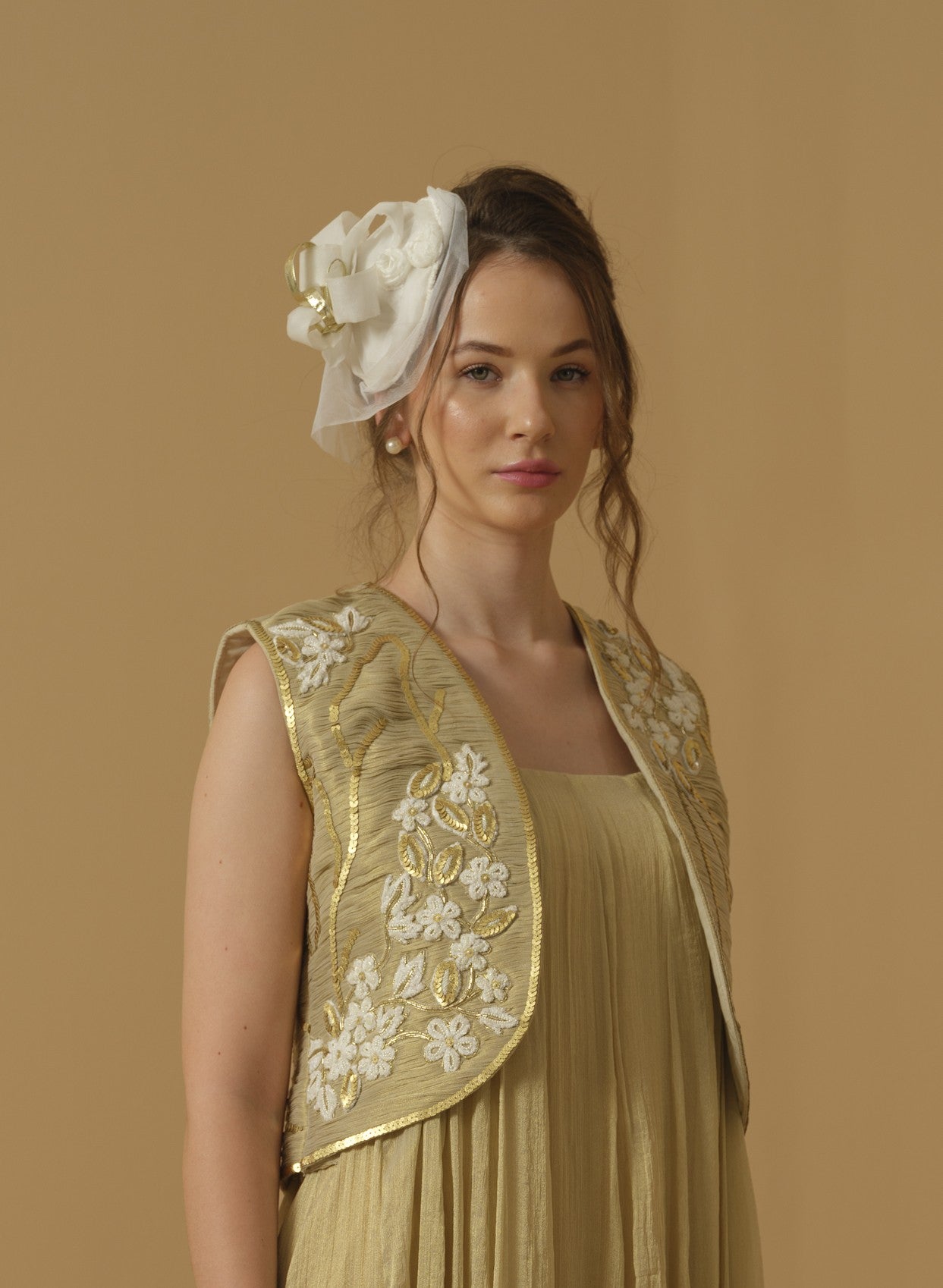 Ruched Open  Jacket Having Floral Placement Embroidery