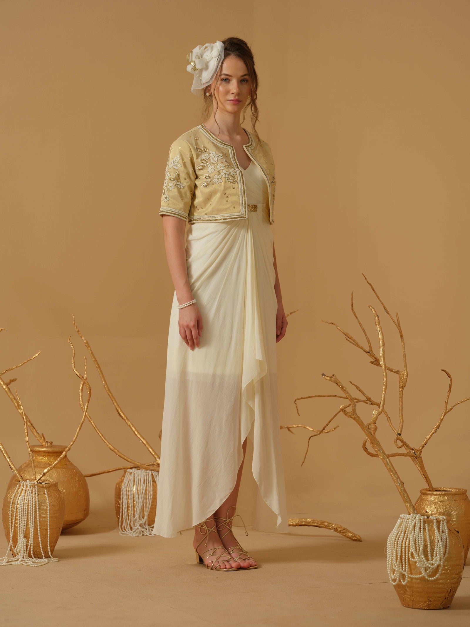 A Noodle Strap ,V Neck Draped Dress With Assymetrical Hemline