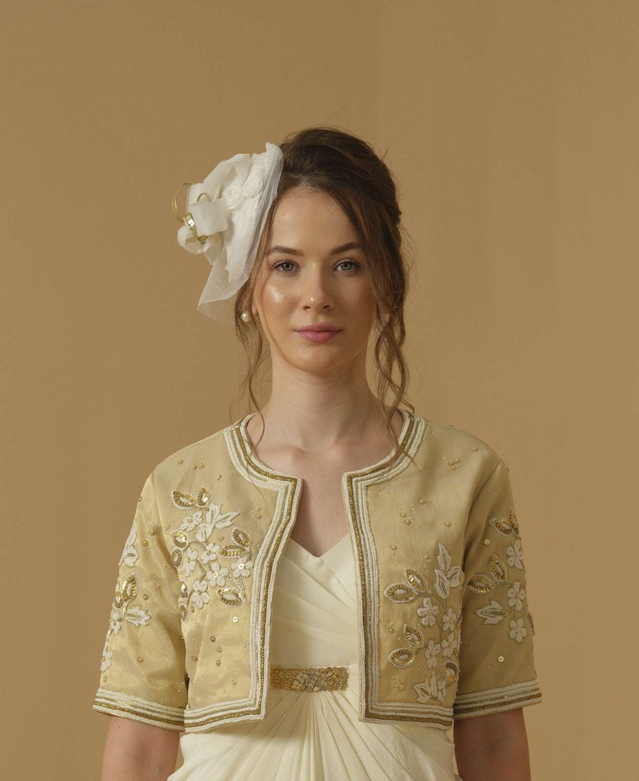 Open Jacket, Above Elbow Sleeves Having Floral Embroidery