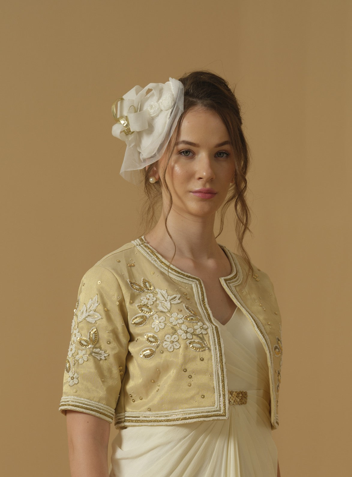 Open Jacket, Above Elbow Sleeves Having Floral Embroidery