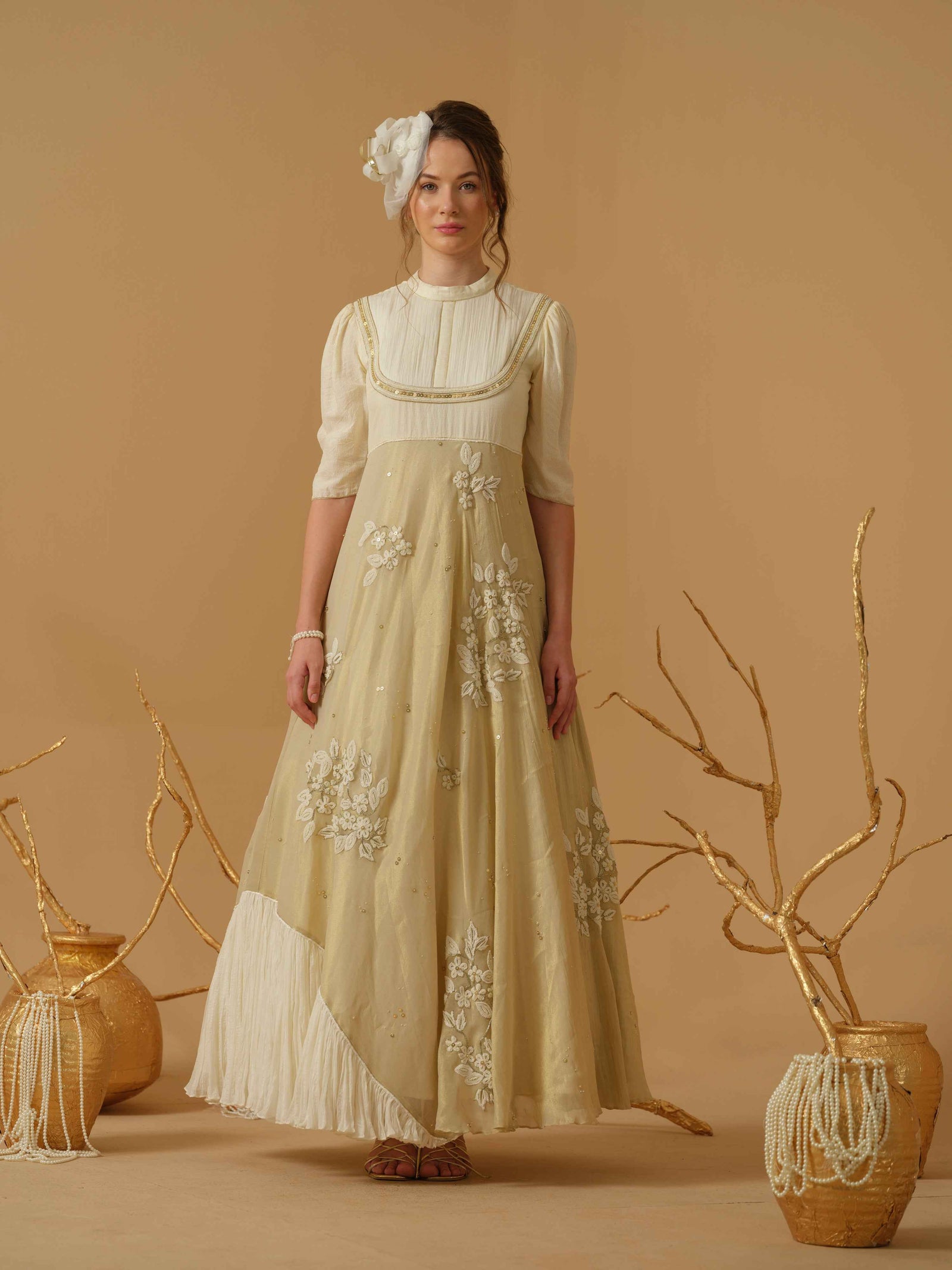 Closed Neck Dress With The Ruched Yoke