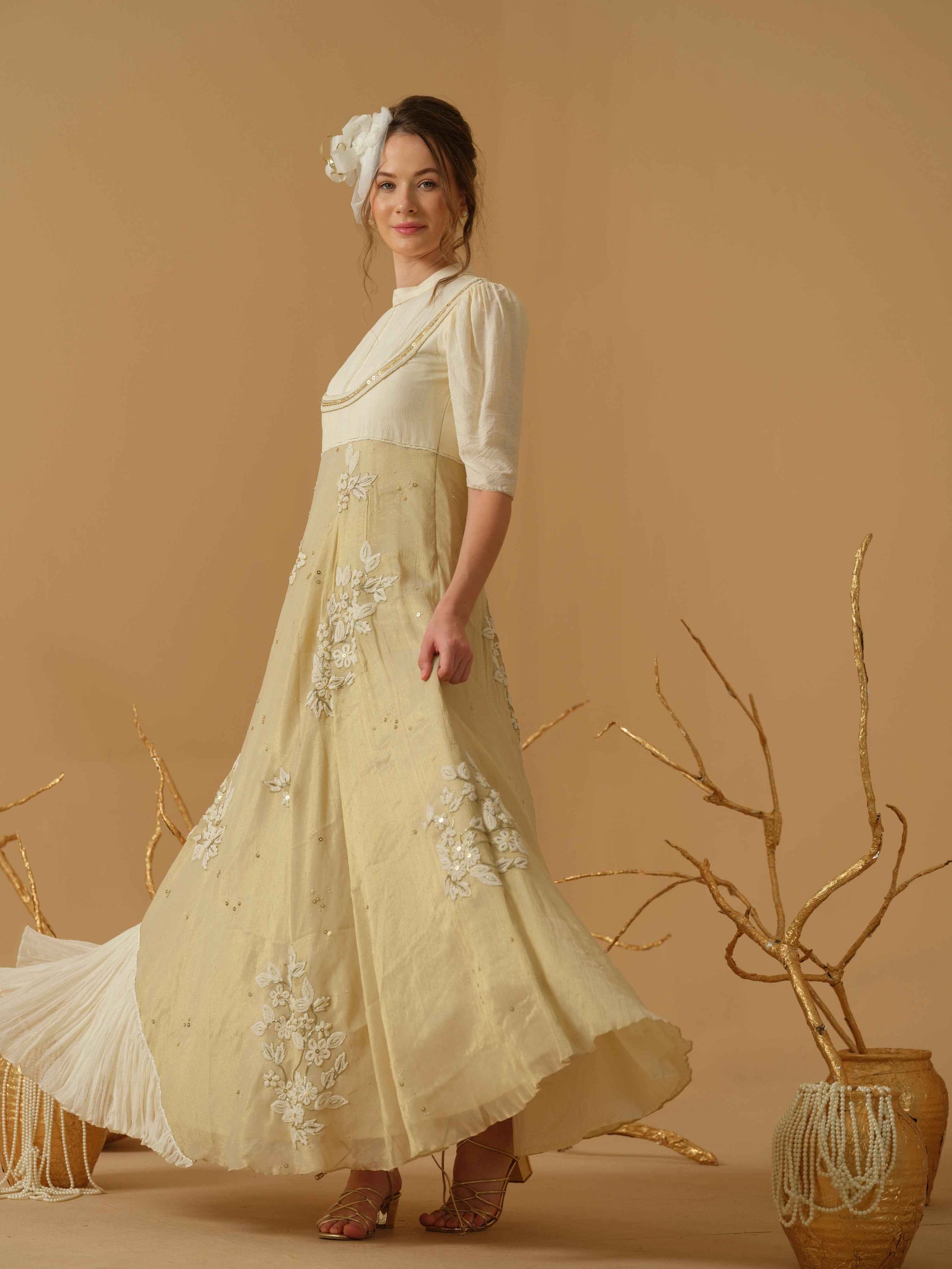 Closed Neck Dress With The Ruched Yoke