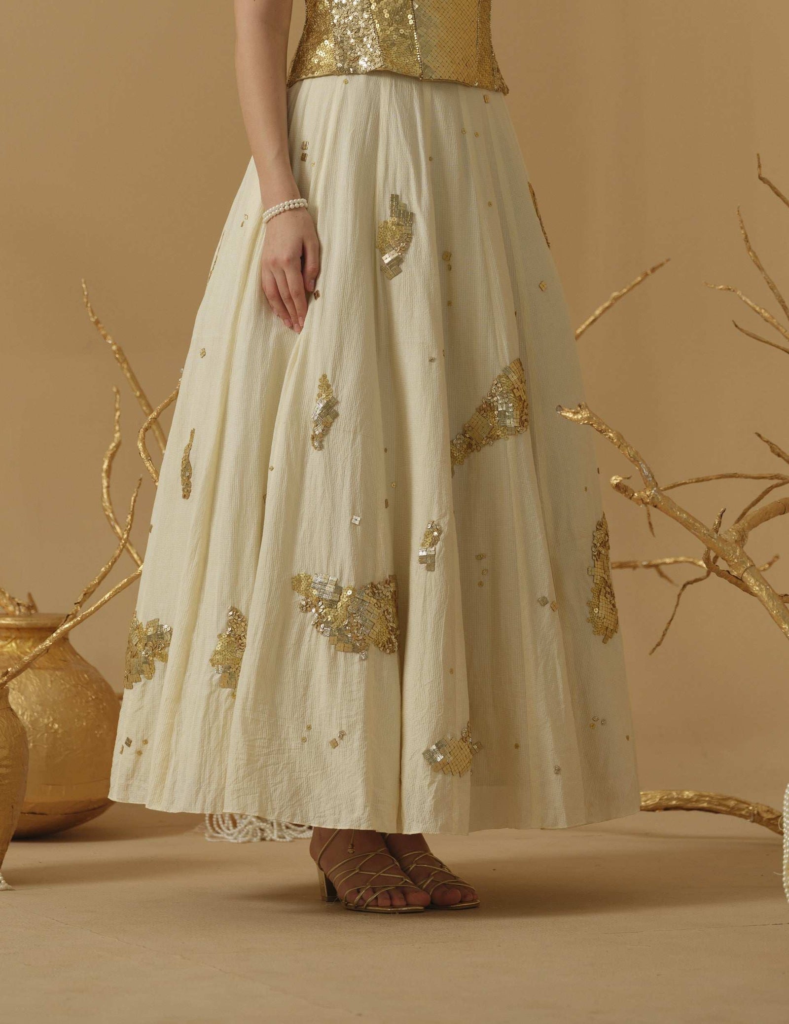 A Flared Skirt Having Scattered Geometrical Embellishment