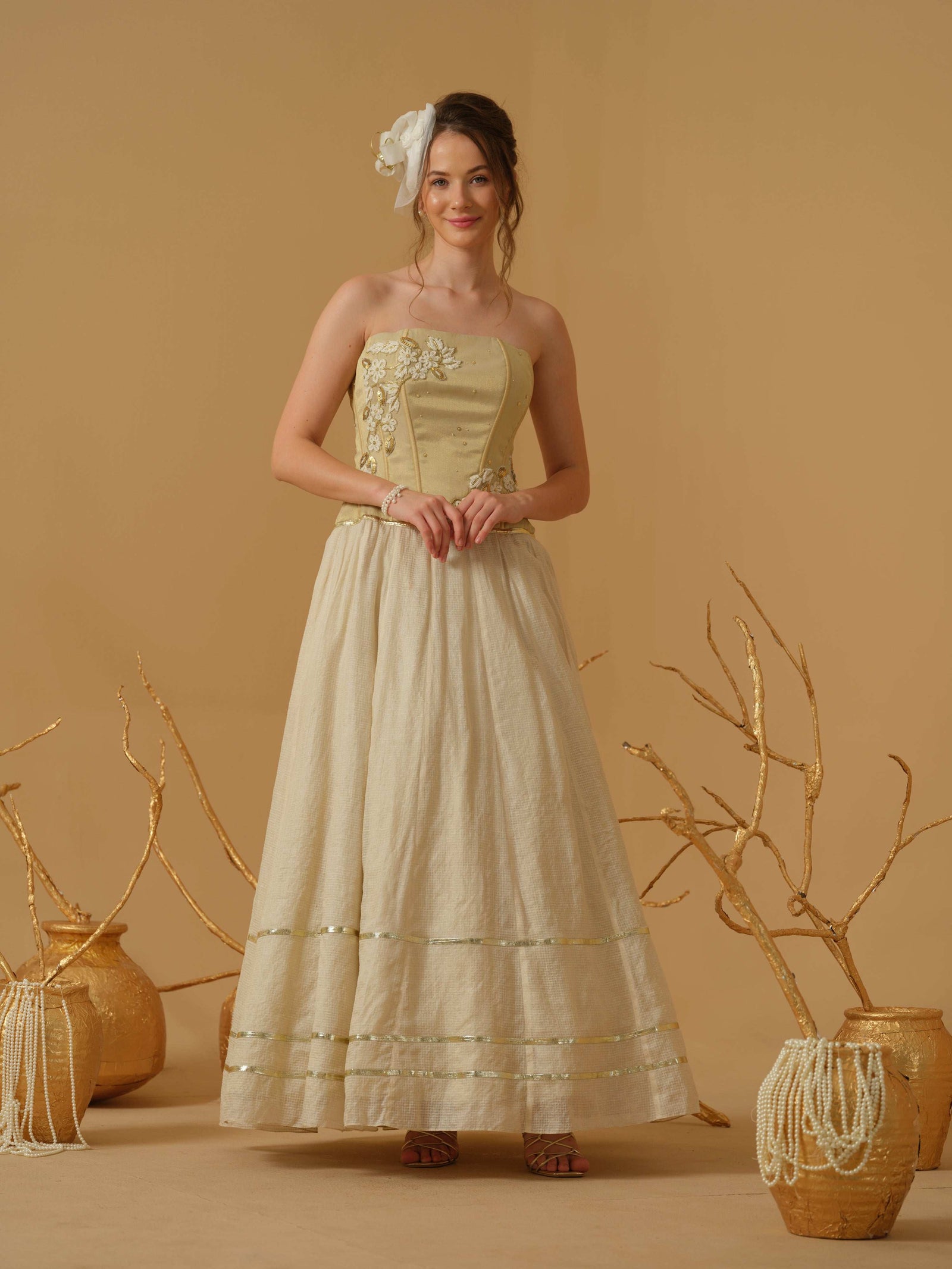 A Full Length Flared Corset Dress Having Placement Floral