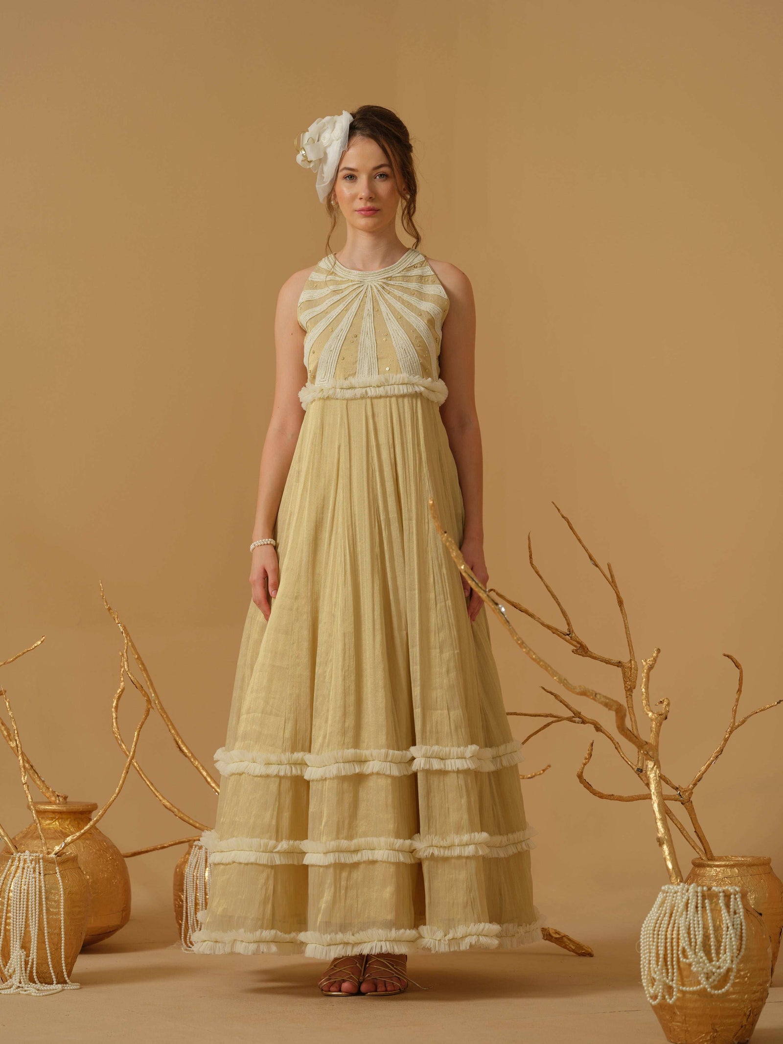 A Close Neck Full Length Dress Having Embroidery On The Bodice