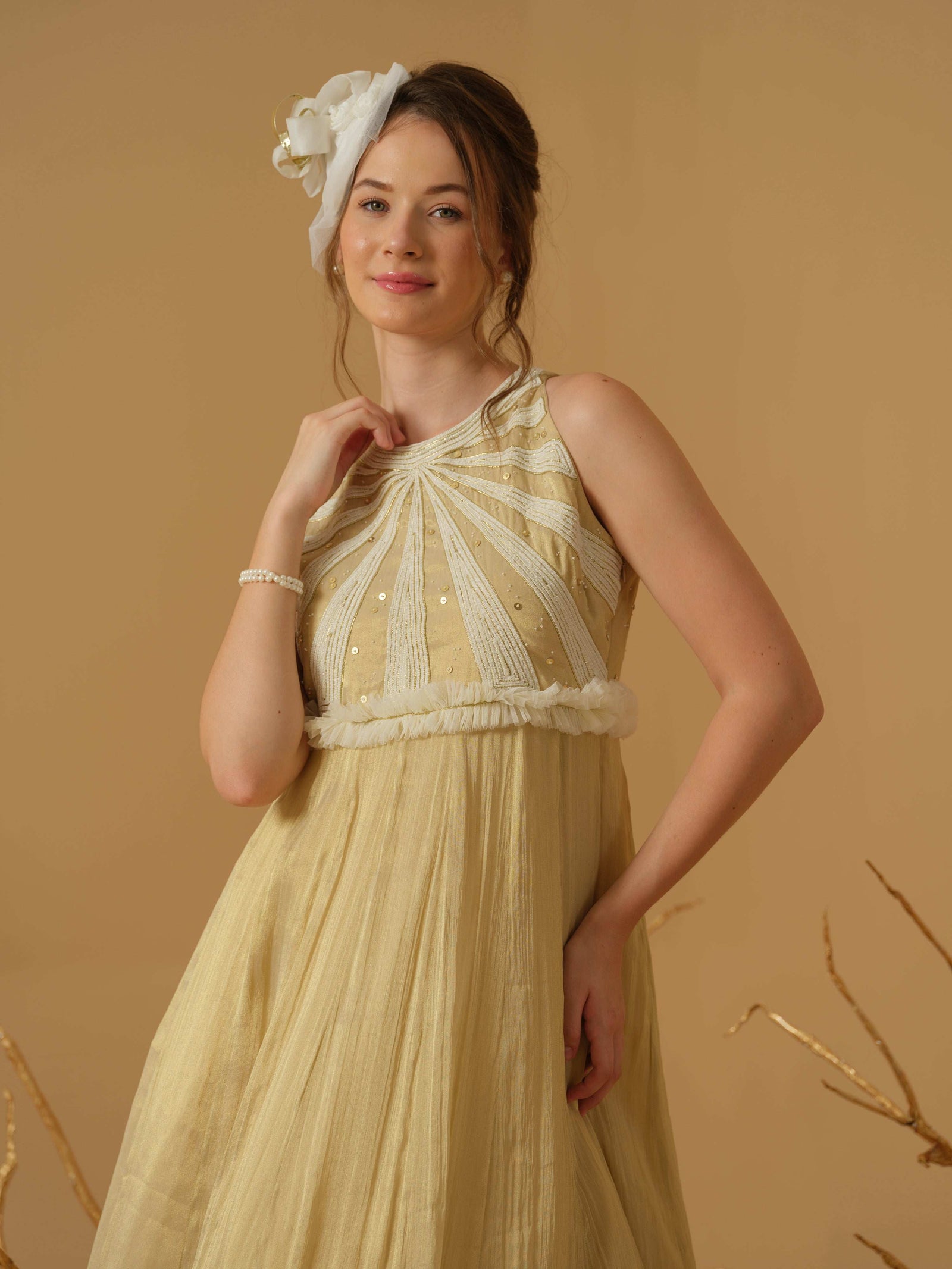A Close Neck Full Length Dress Having Embroidery On The Bodice