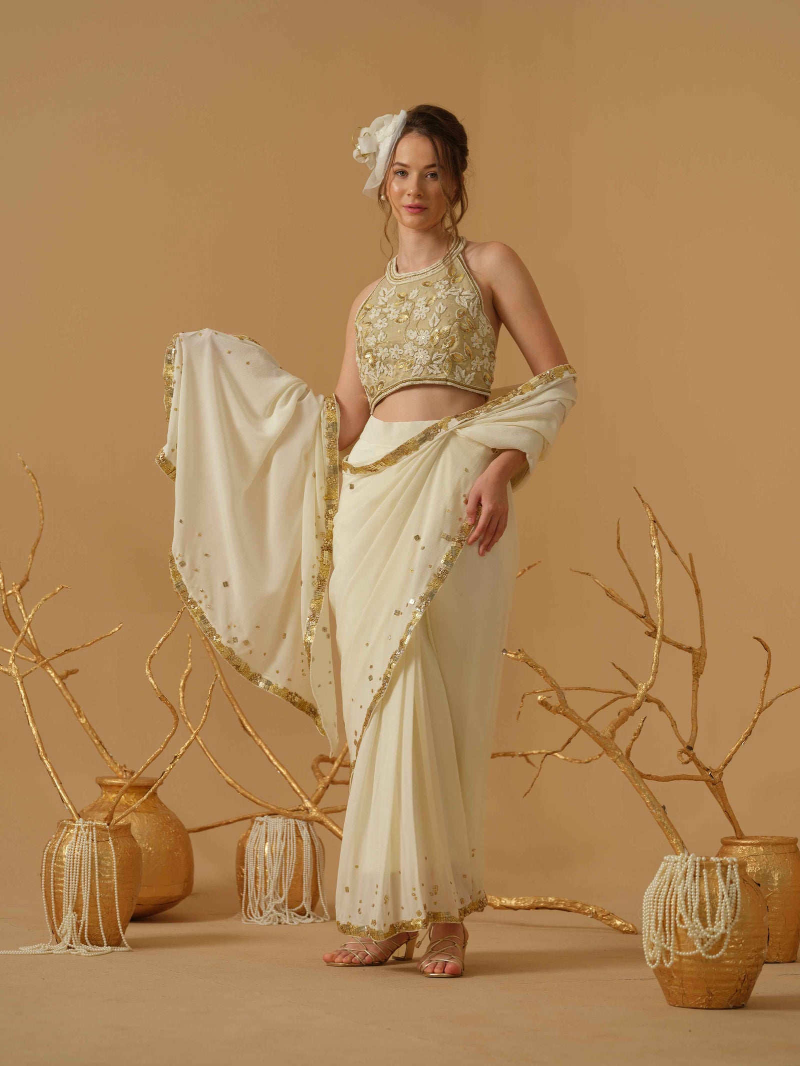 Pre - Stitched Saree With Halter Neck Blouse
