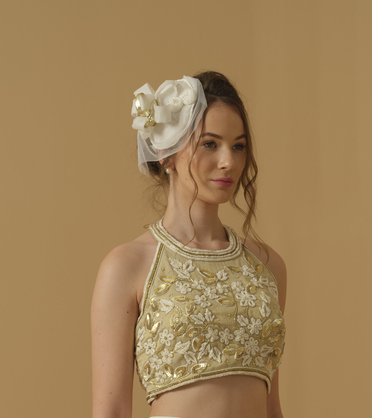 Featuring A Halter Neck Top Having Floral Embroidery