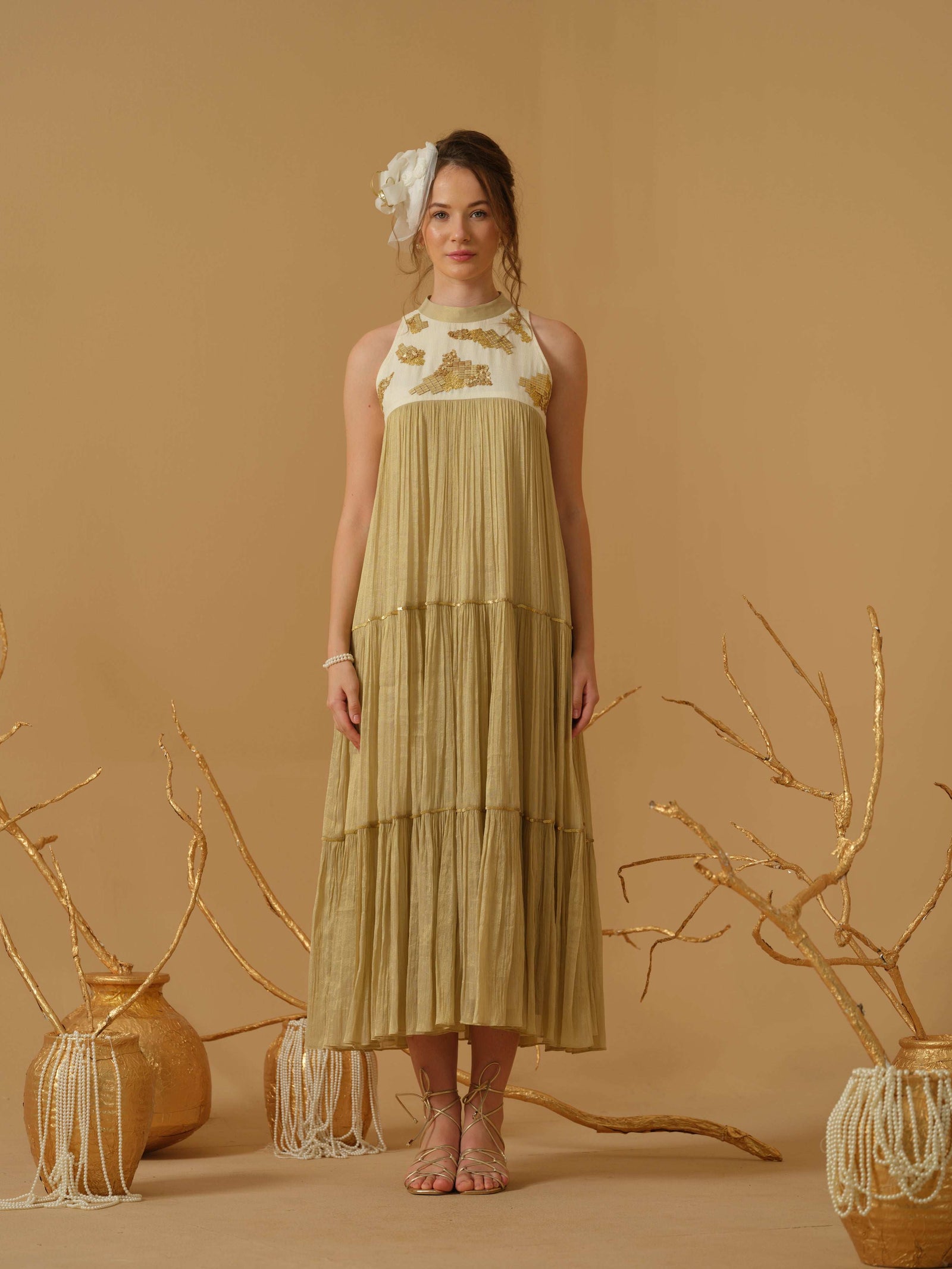 A Mandarin Collar, Sleeveless Tiered Dress