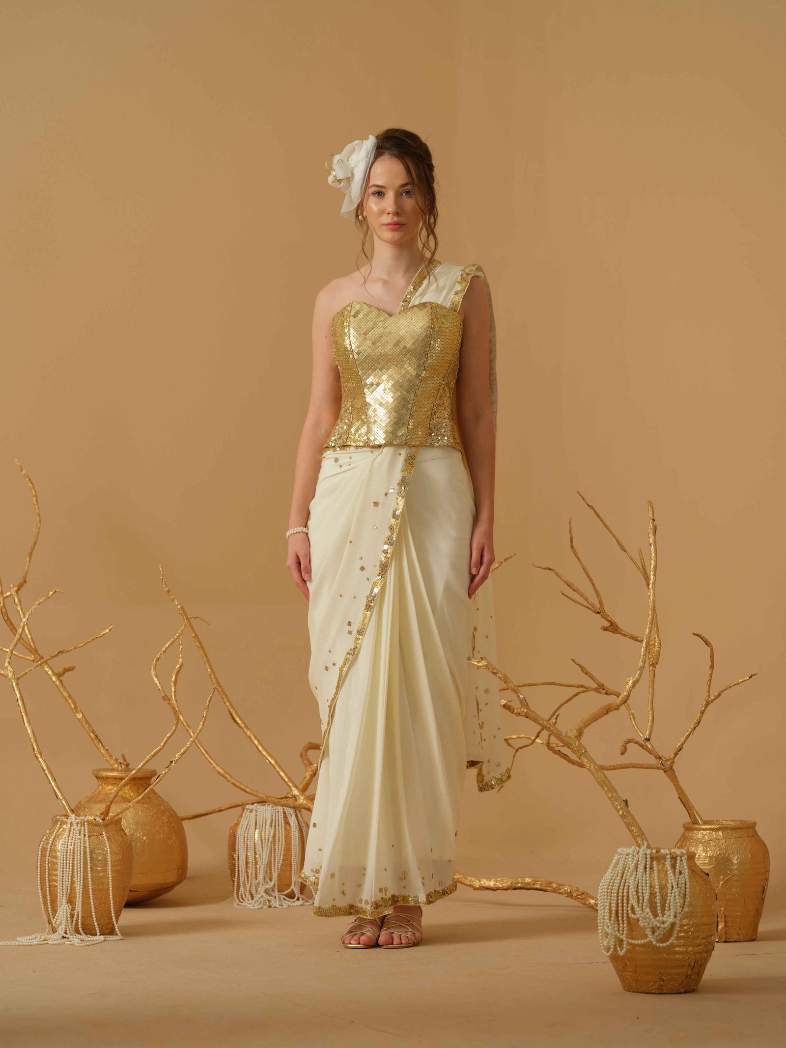 Sequins Bordered Pre - Stitched Saree With Corset