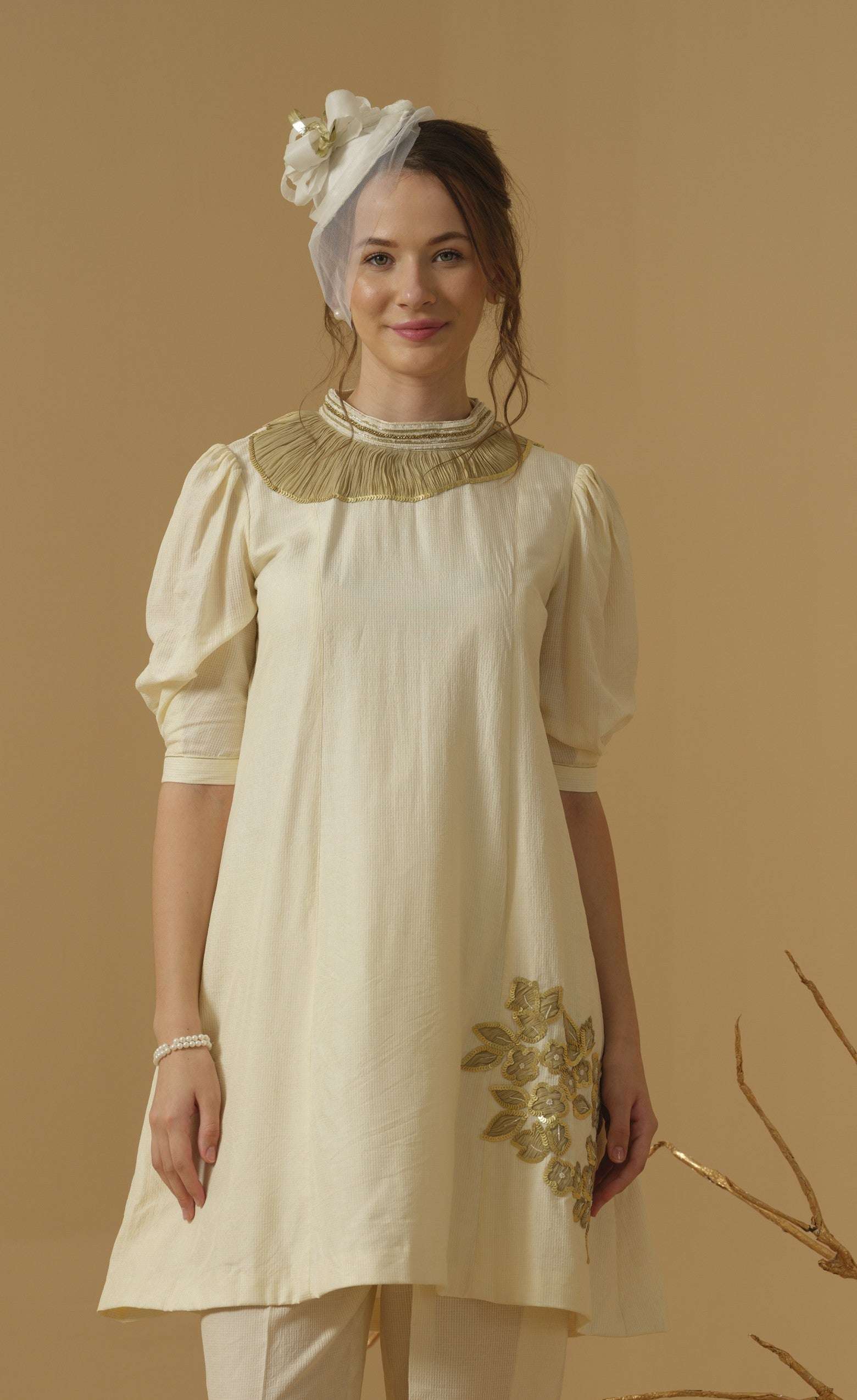 A Mandarin Collar, 3/4 Sleeves With Gathered Details, Knee-Length Kurta