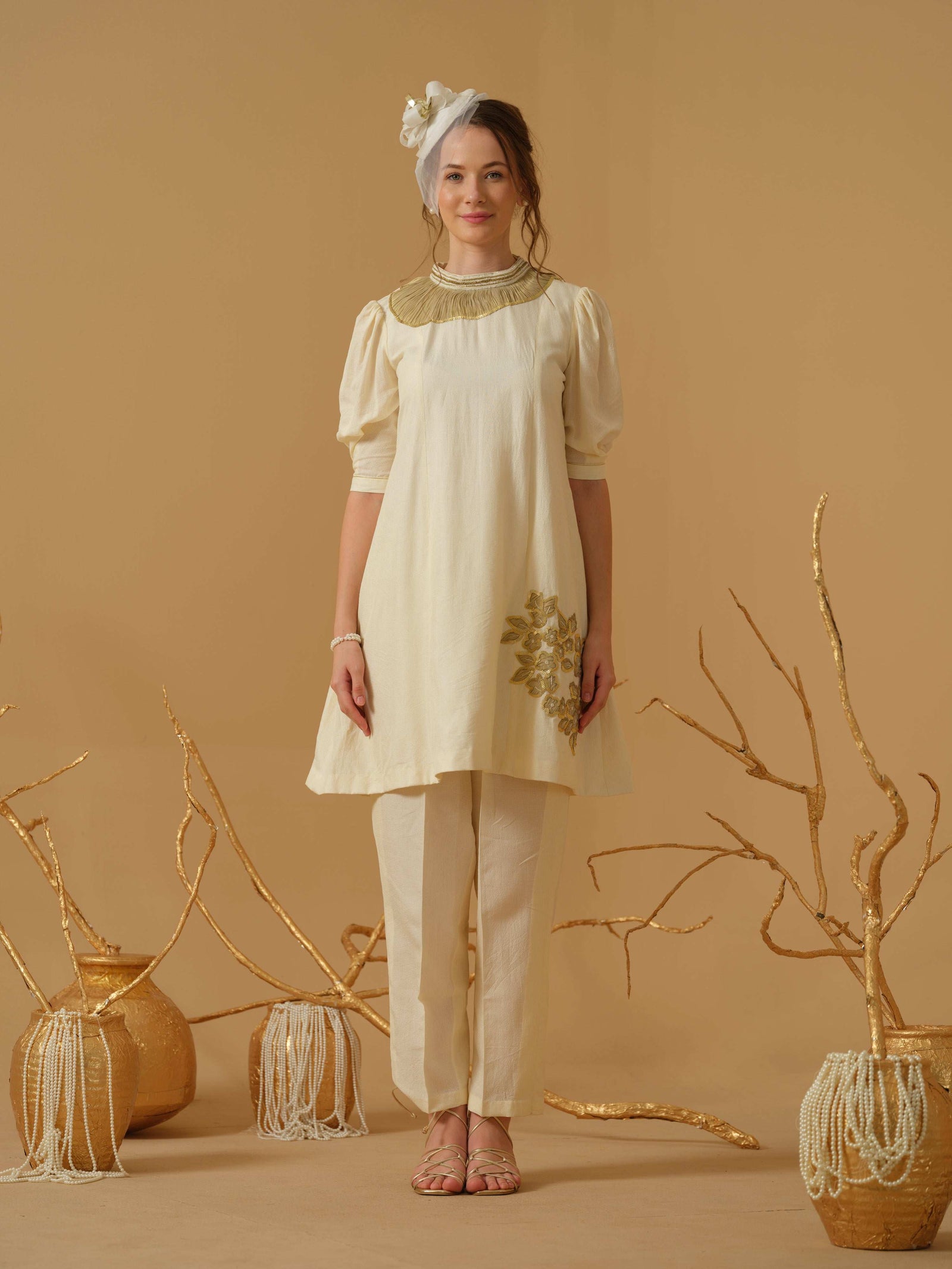 A Mandarin Collar, 3/4 Sleeves With Gathered Details