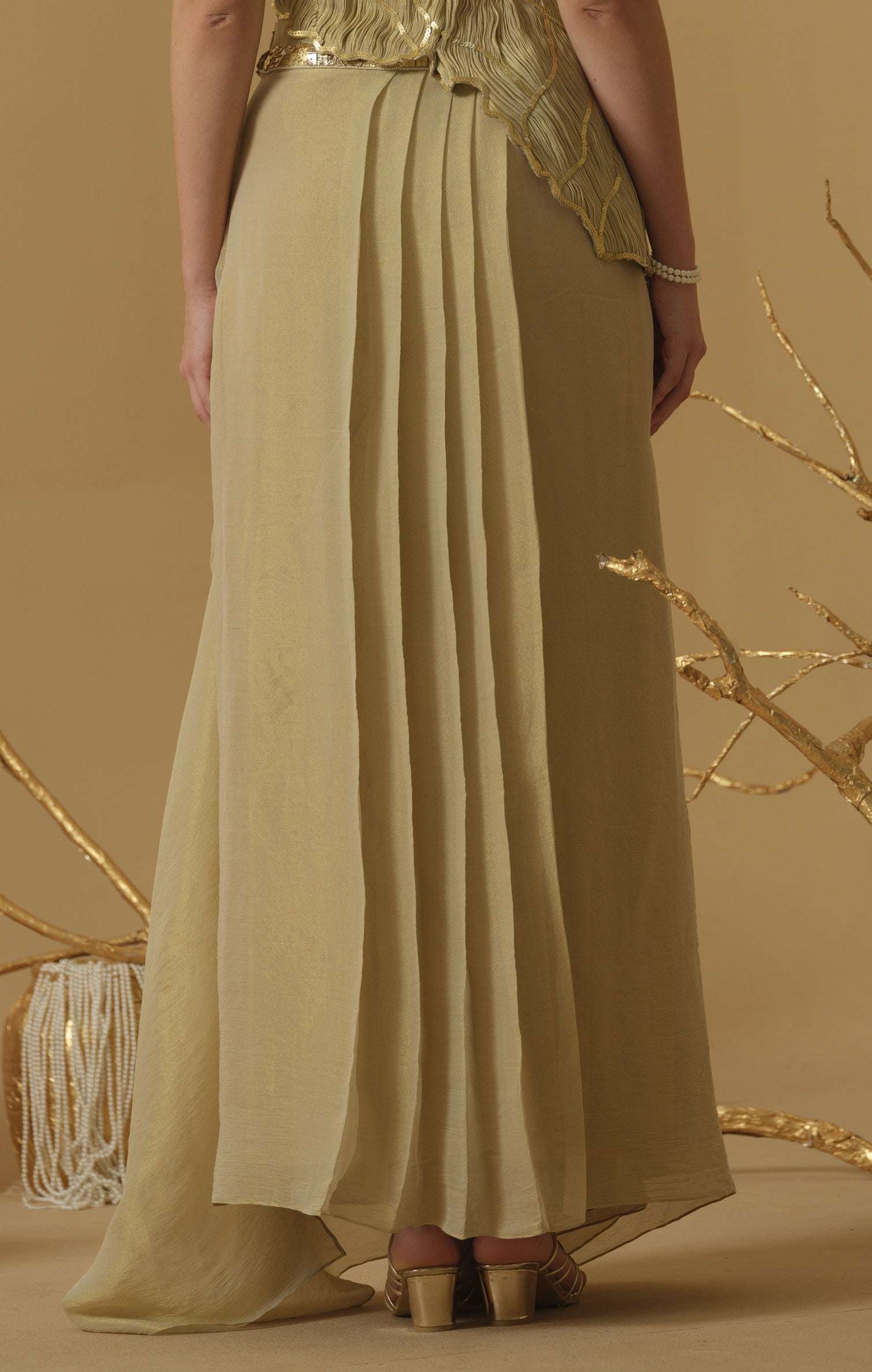 Pleated Draped Skirt Embellished On Waist