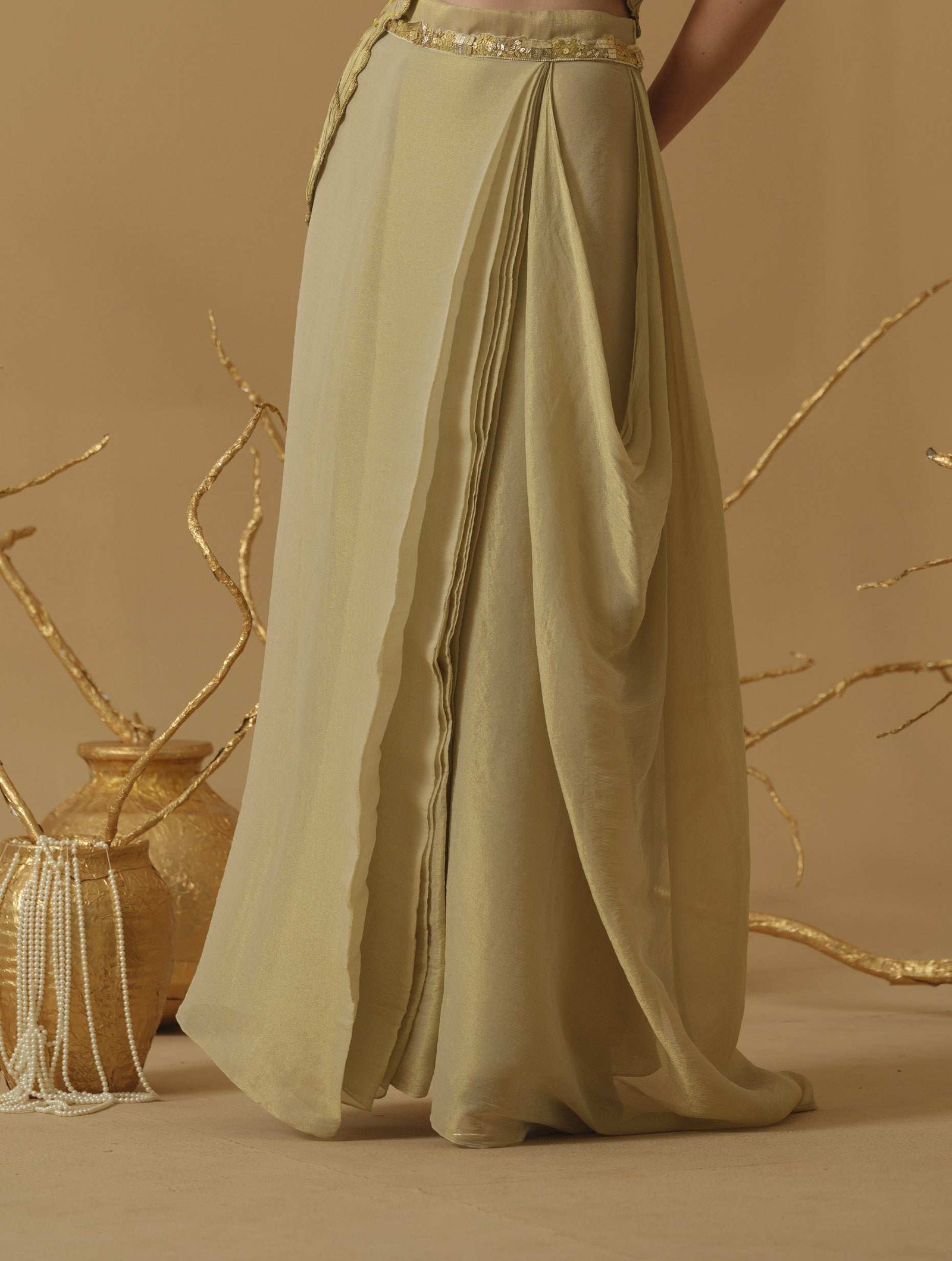 Pleated Draped Skirt Embellished On Waist