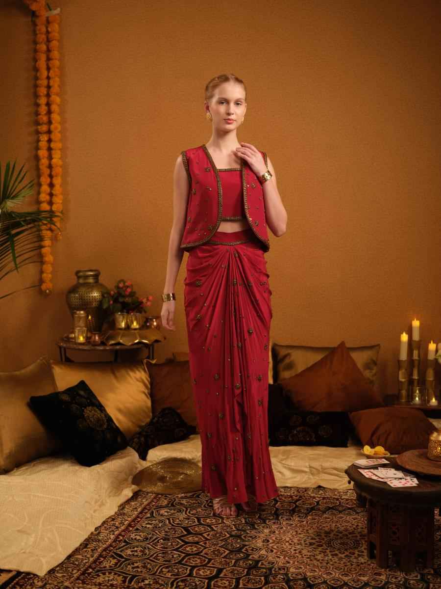 A three-piece set — jacket, bustier, and drape skirt