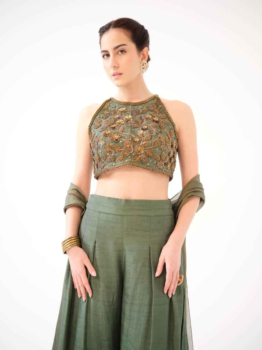 A raw silk halter-neck crop top