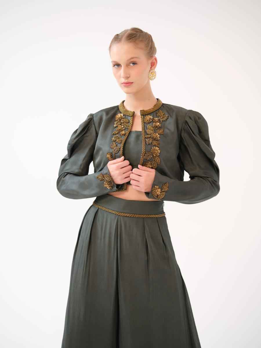 A three-piece set — cropped twill open jacket