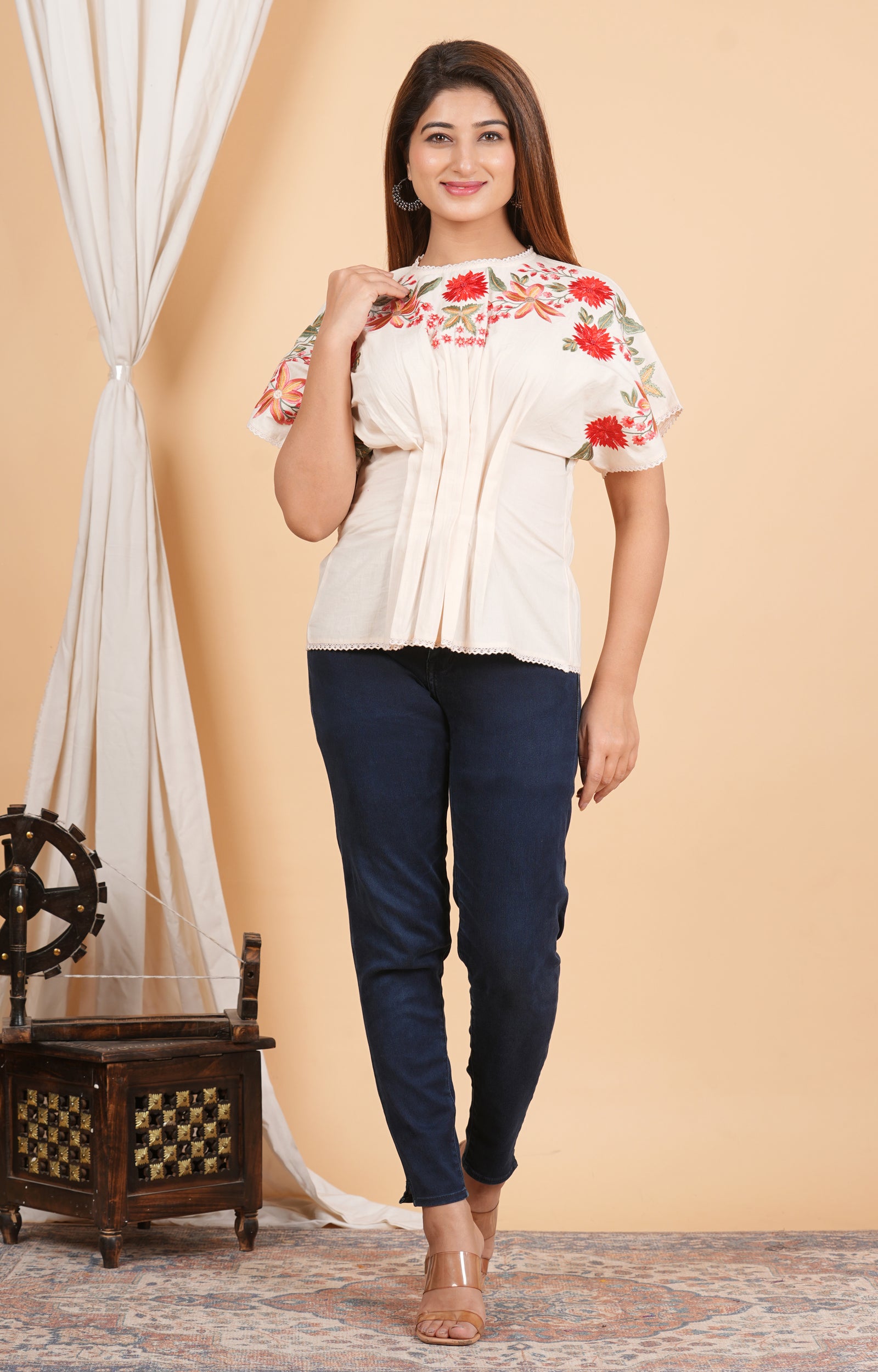 Floral Embroidered Front Top Has A Lace Work Round Neck Short Sleeve Back Button Closure Regular Waist Hem With Lace Work