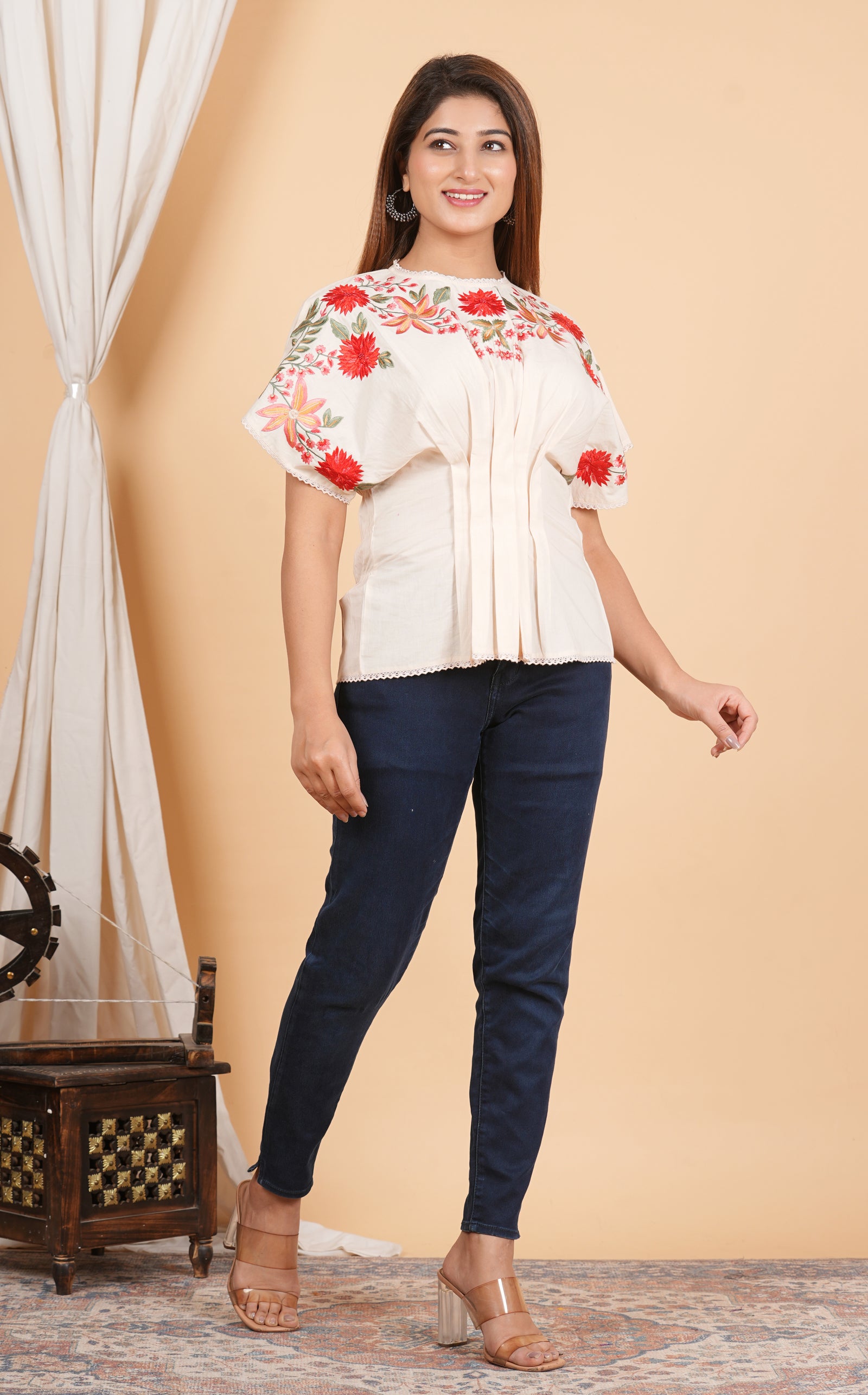 Floral Embroidered Front Top Has A Lace Work Round Neck Short Sleeve Back Button Closure Regular Waist Hem With Lace Work