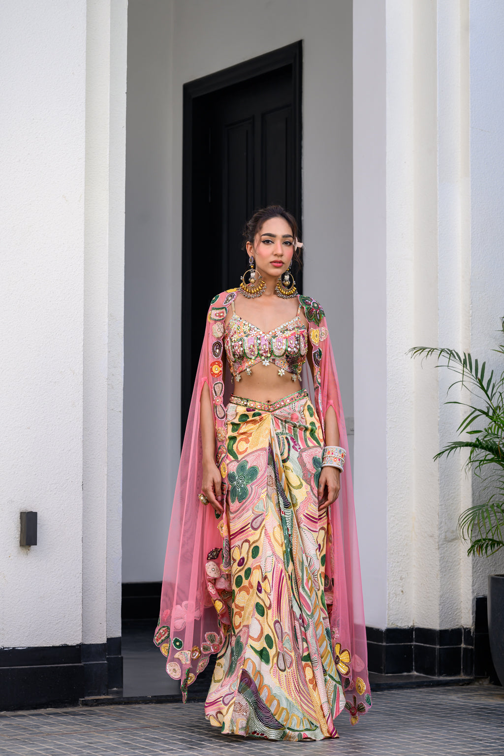 Flora Highlight Bralette With Dhoti Skirt And Apl Cape Set
