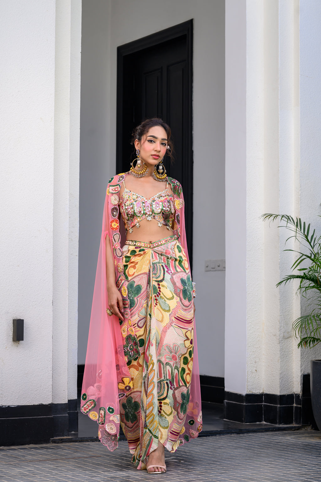 Flora Highlight Bralette With Dhoti Skirt And Apl Cape Set