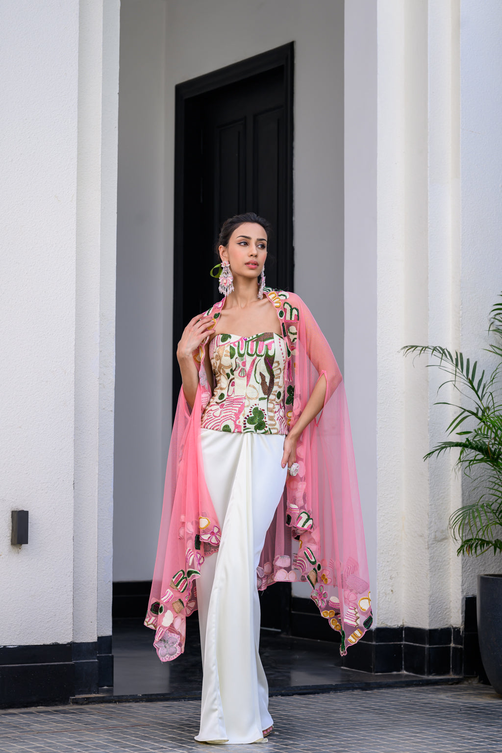 Flora Metallic Highlight Corset With Skirt Set With Cape Set