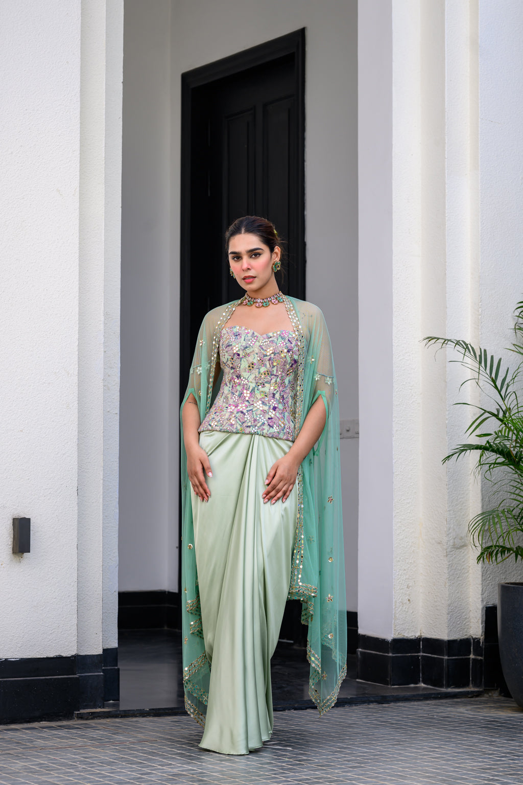 Eden Textudawn Corset With Mirror Work With Dhoti Skirt And Cape Set