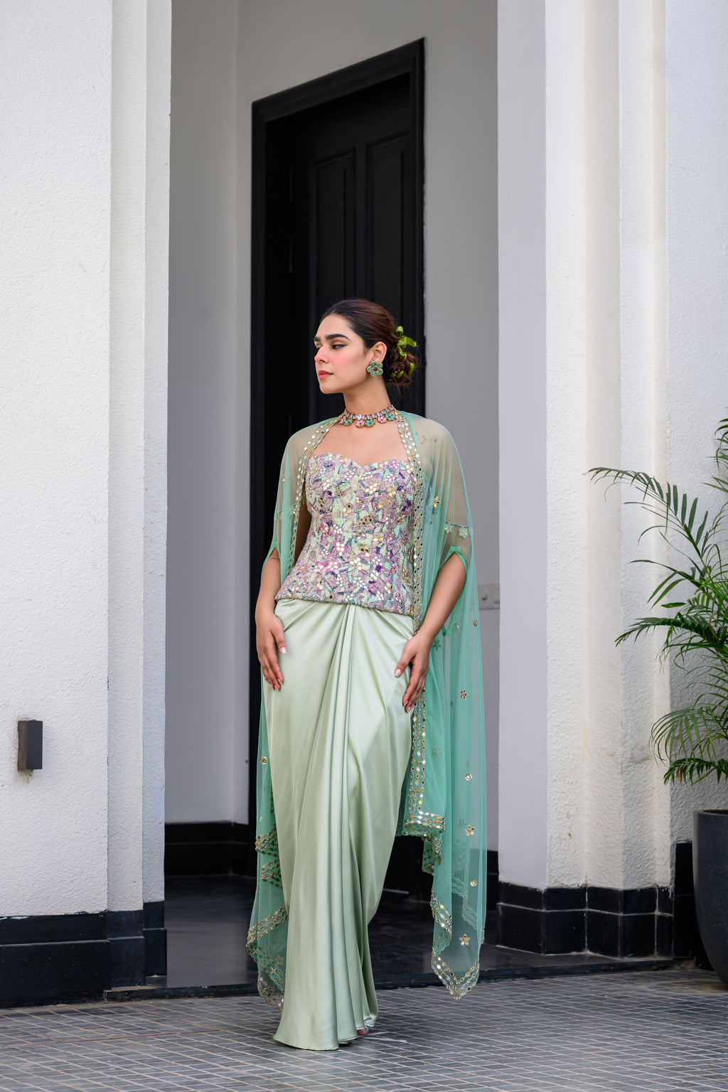 Eden Textudawn Corset With Mirror Work With Dhoti Skirt And Cape Set