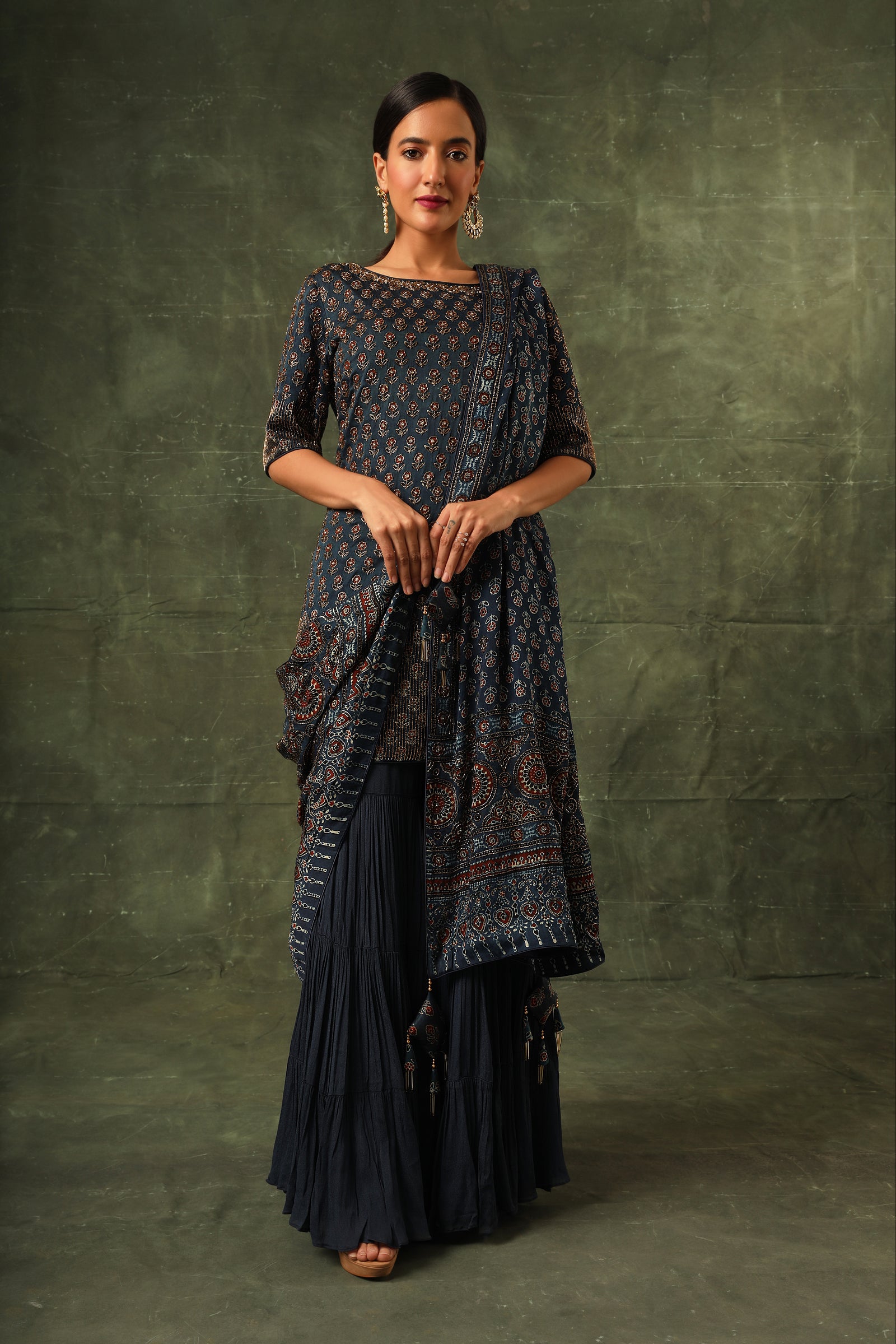Blue ajrakh kurta and sharara with dupatta