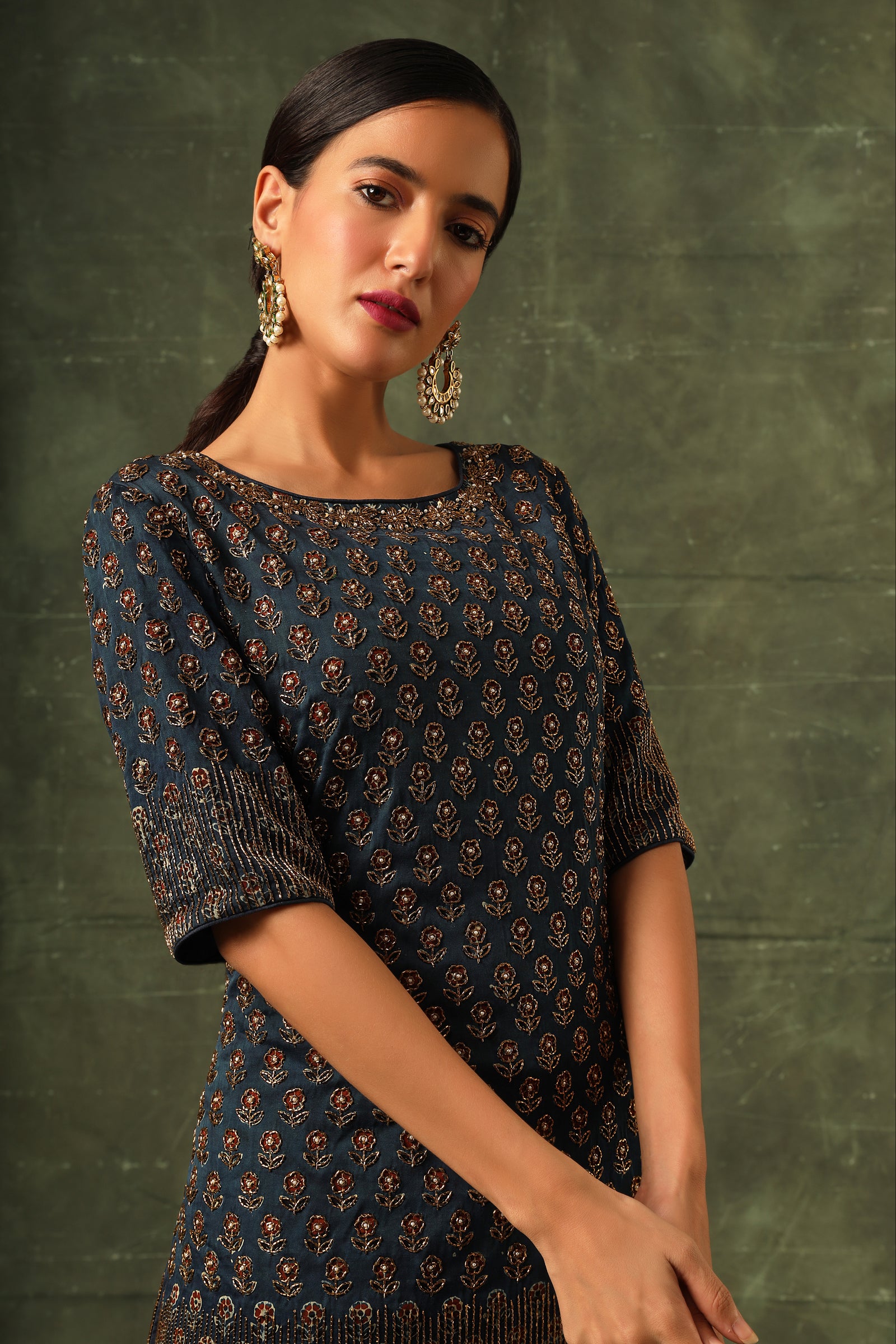 Blue ajrakh kurta and sharara with dupatta