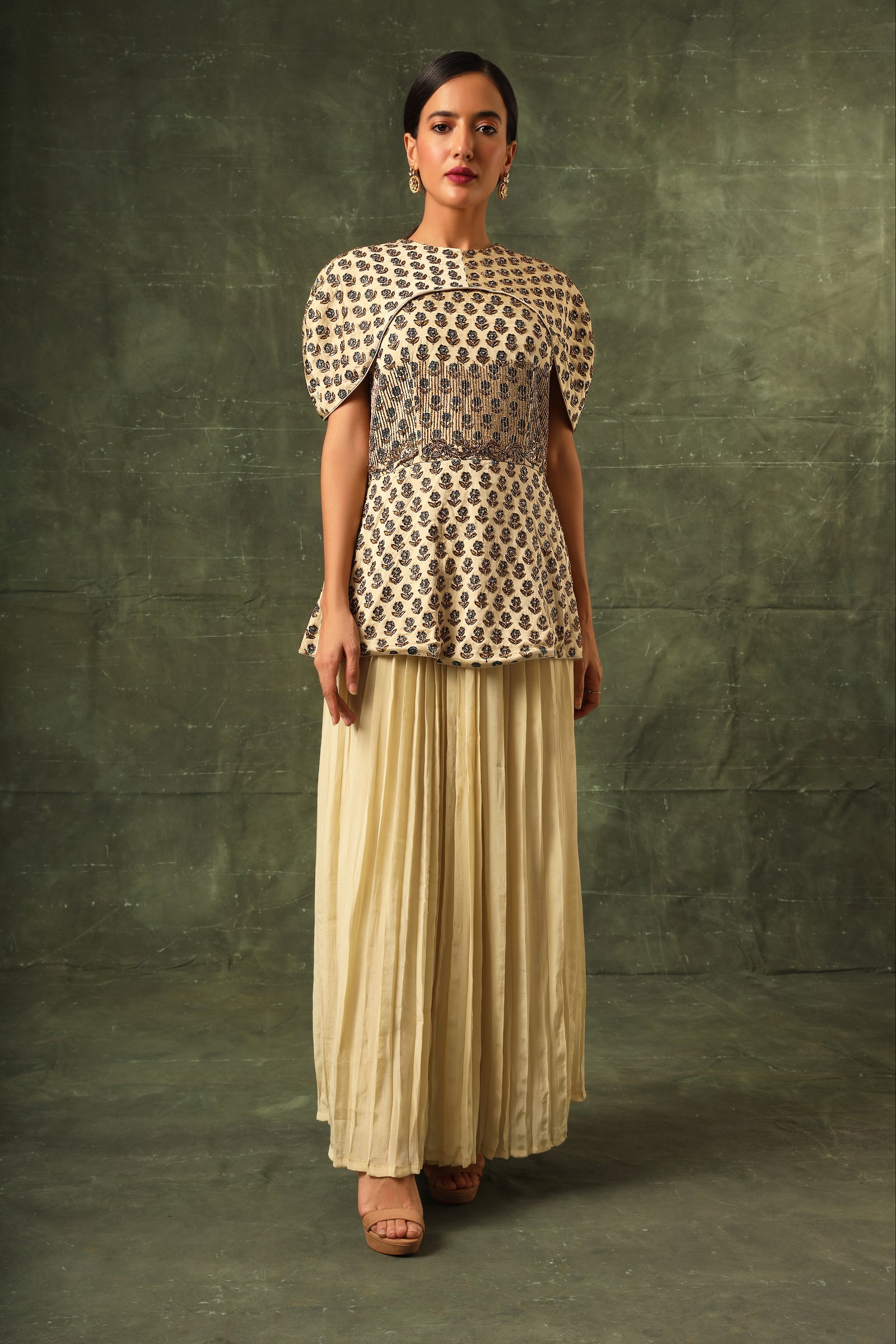 Ivory Ajrakh Peplum top with pleated pants