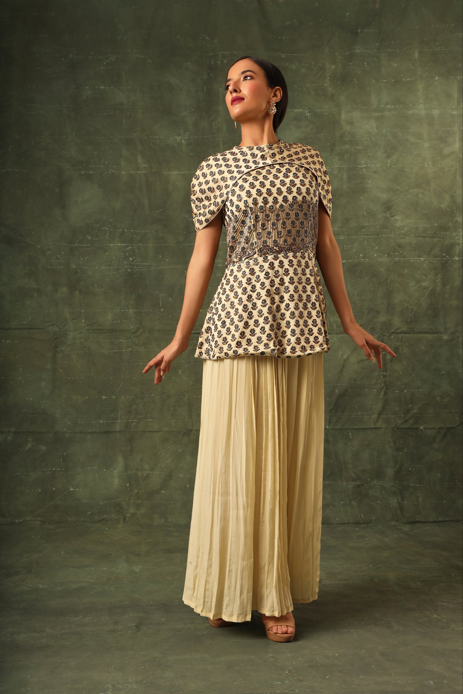 Ivory Ajrakh Peplum top with pleated pants