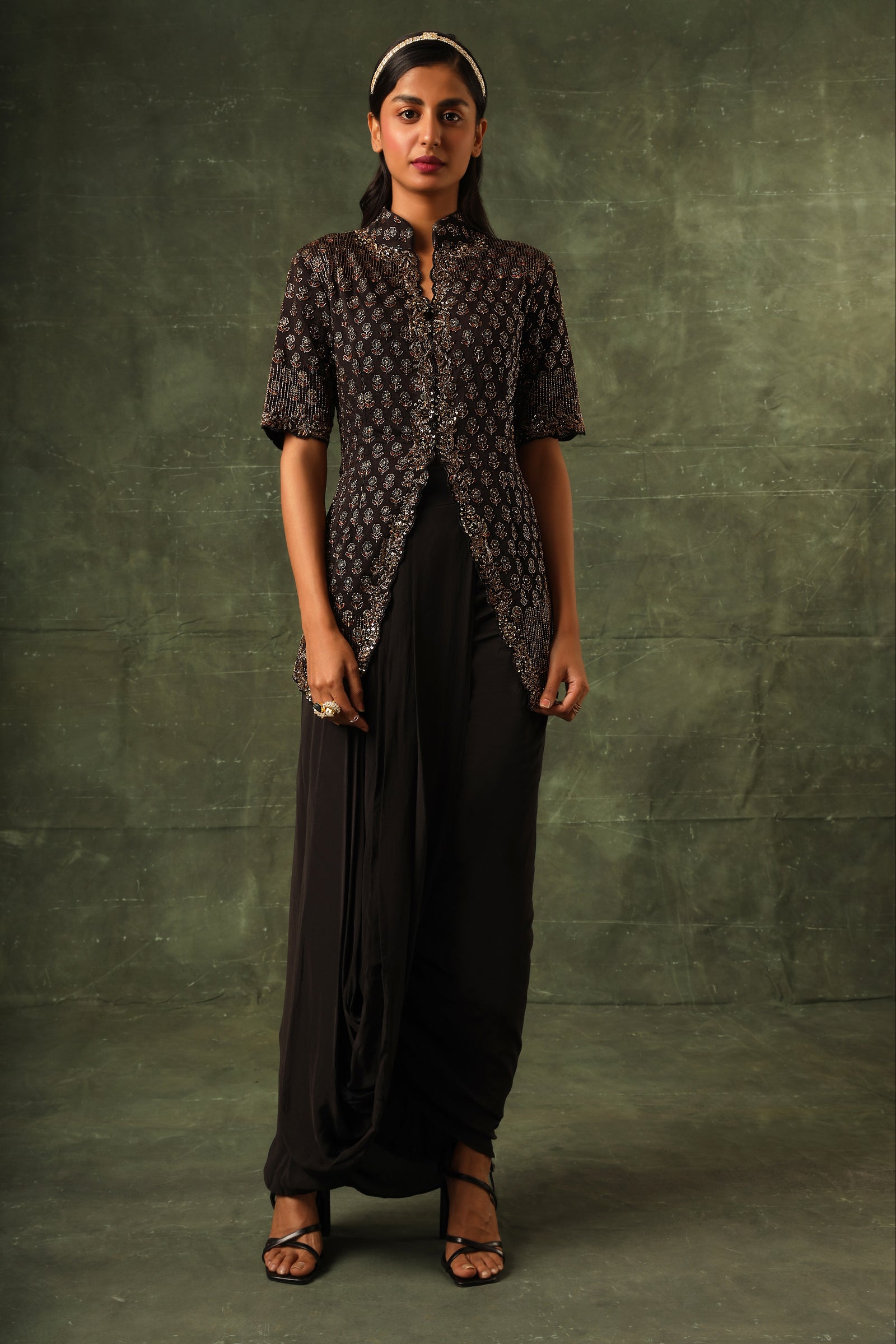 Black Ajrakh Jacket with drape dhoti skirt