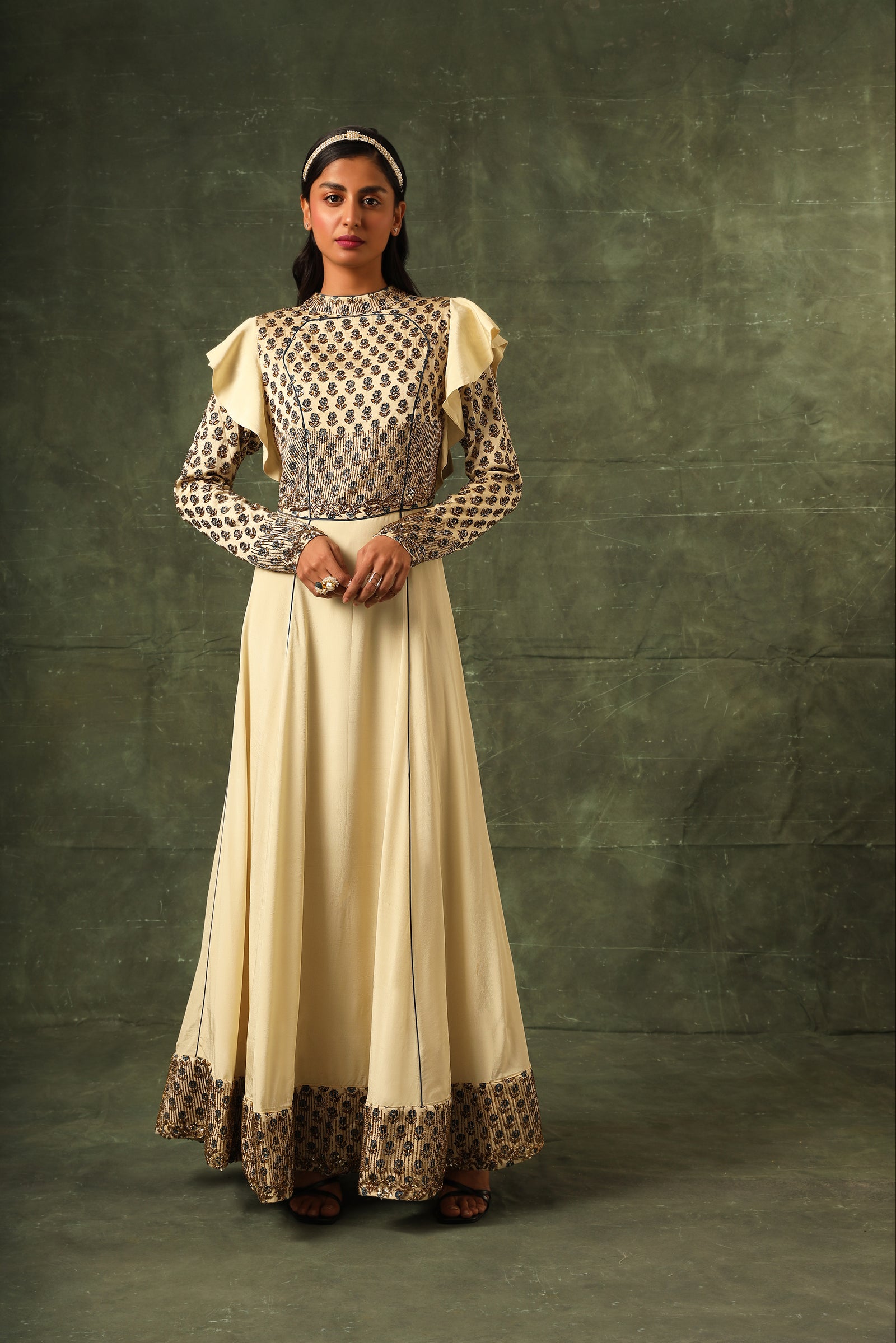 Ivory ajrakh A line gown