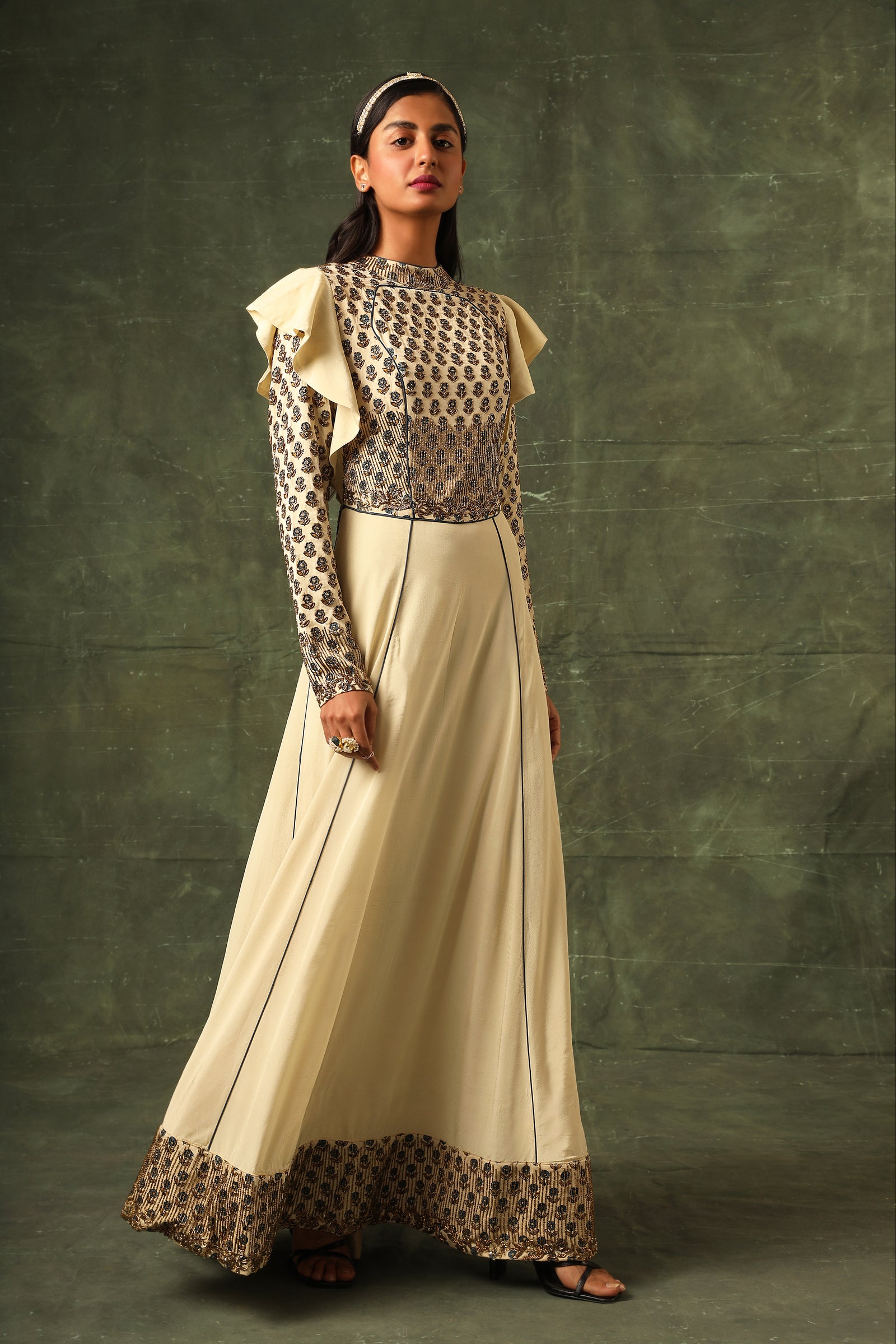 Ivory ajrakh A line gown