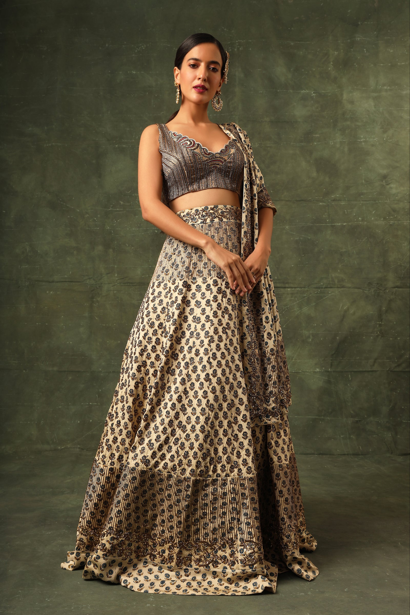 Ivory Ajrakh blouse and lehenga with Ajrakh dupatta