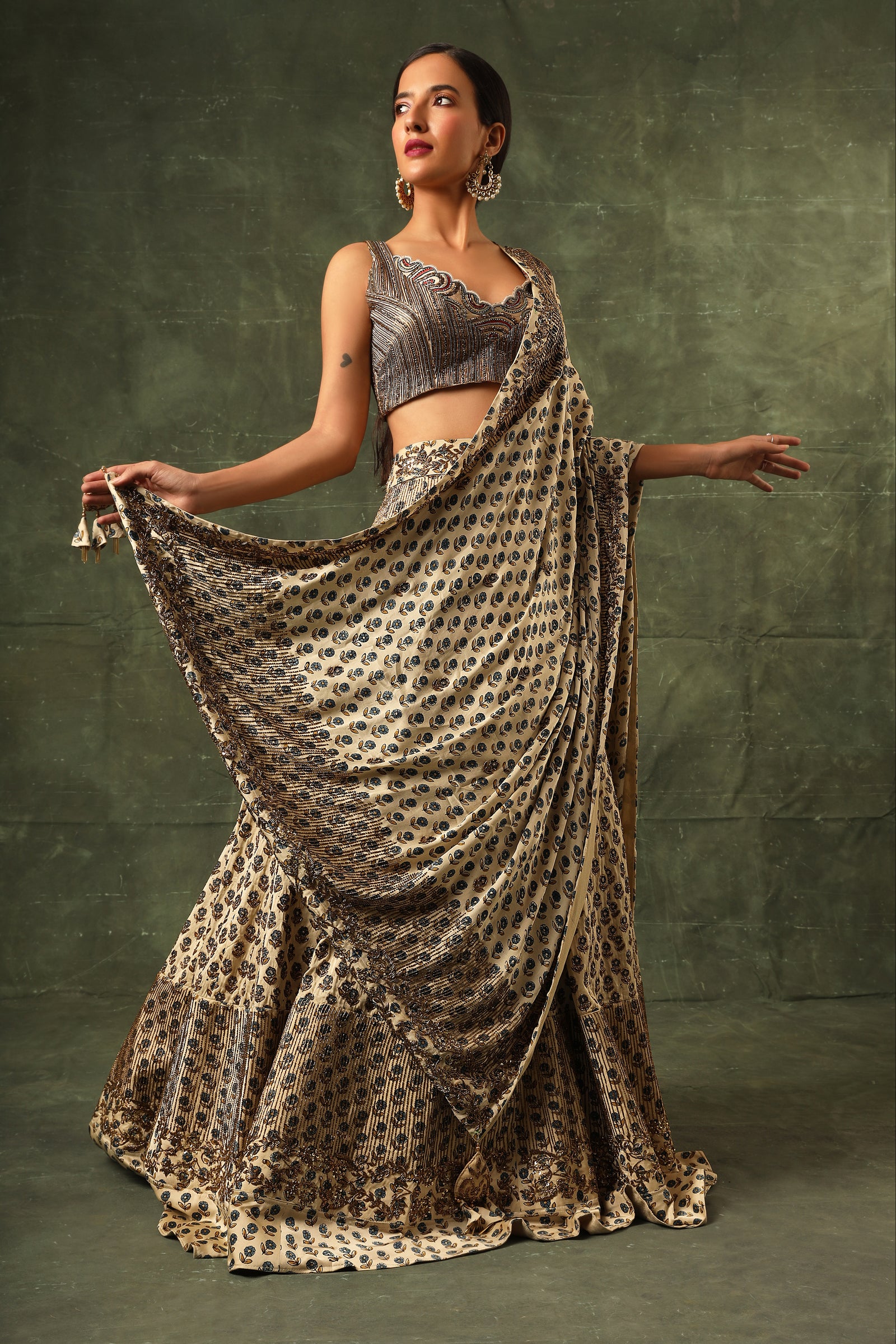 Ivory Ajrakh blouse and lehenga with Ajrakh dupatta