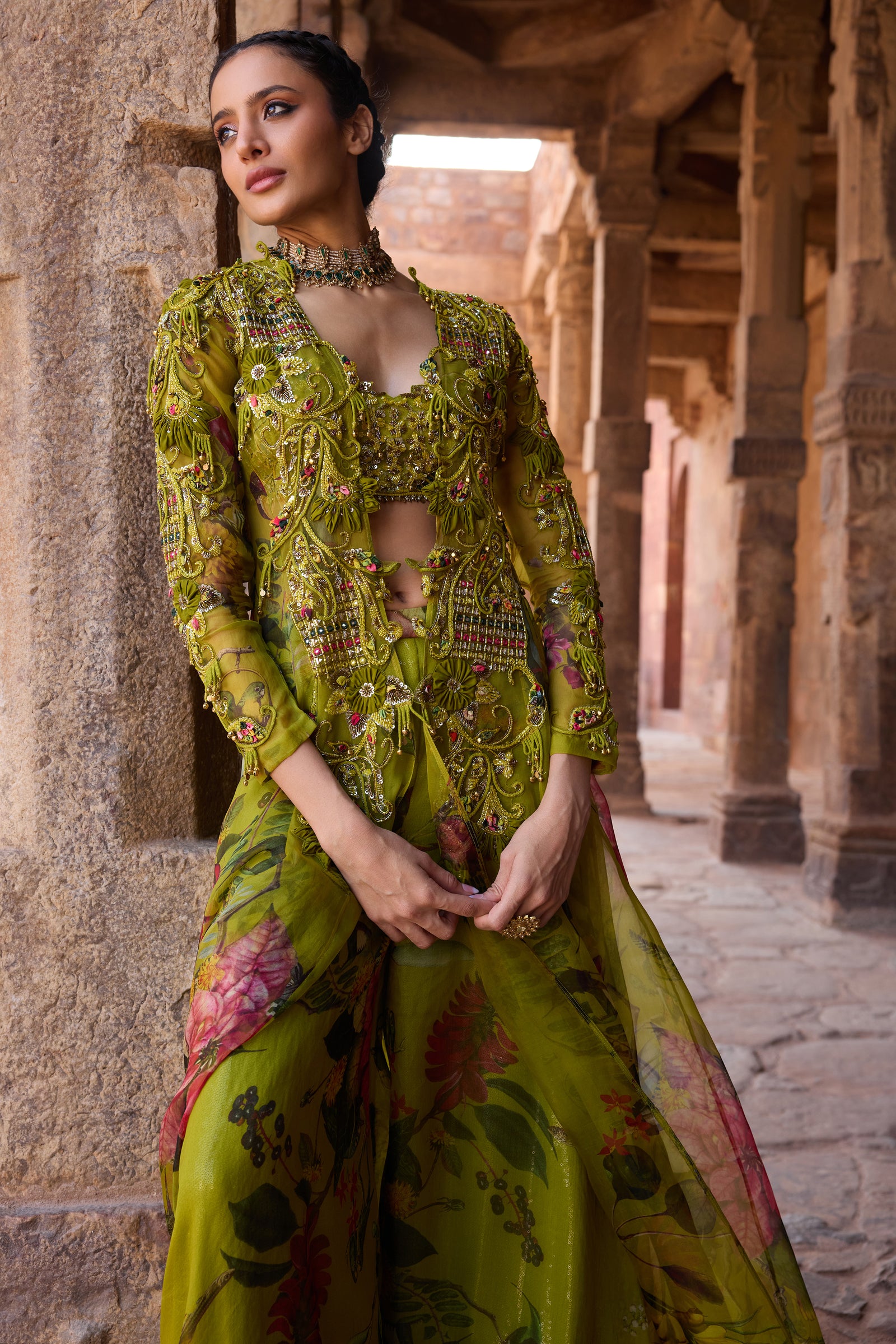 Green Long Jacket Set Paired With Plazzo And Embellished Bustier